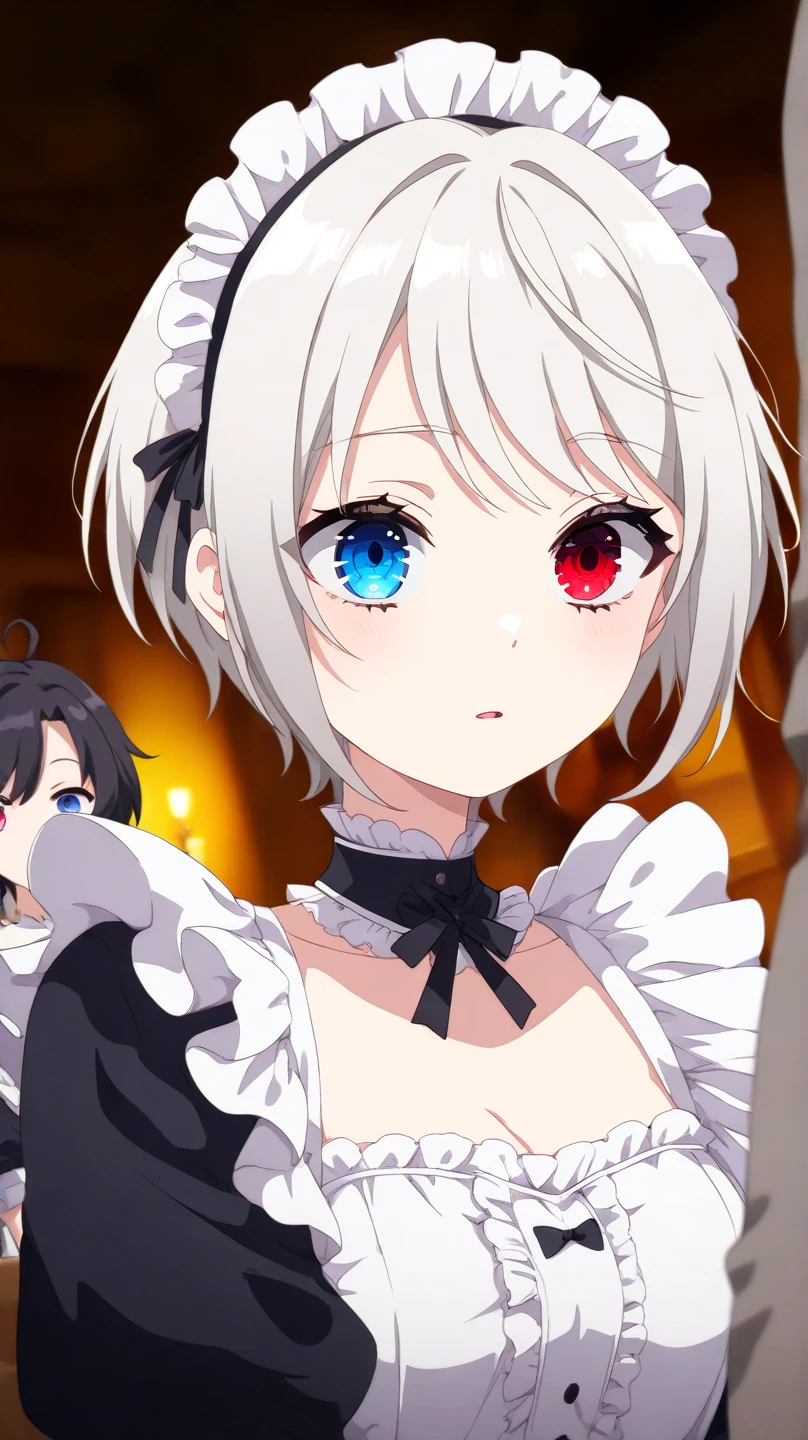 auto-destructive art, 1girl,solo focus, creepy kawaii, anime vibes, Short hair, silver-white hair with a slightly messy style and side-swept bangs.Heterochromia iridis),(left eye,Red eyes),(right eye,blue eyes), half body detailed, maid outfit, half body detailed, iya na kao, 