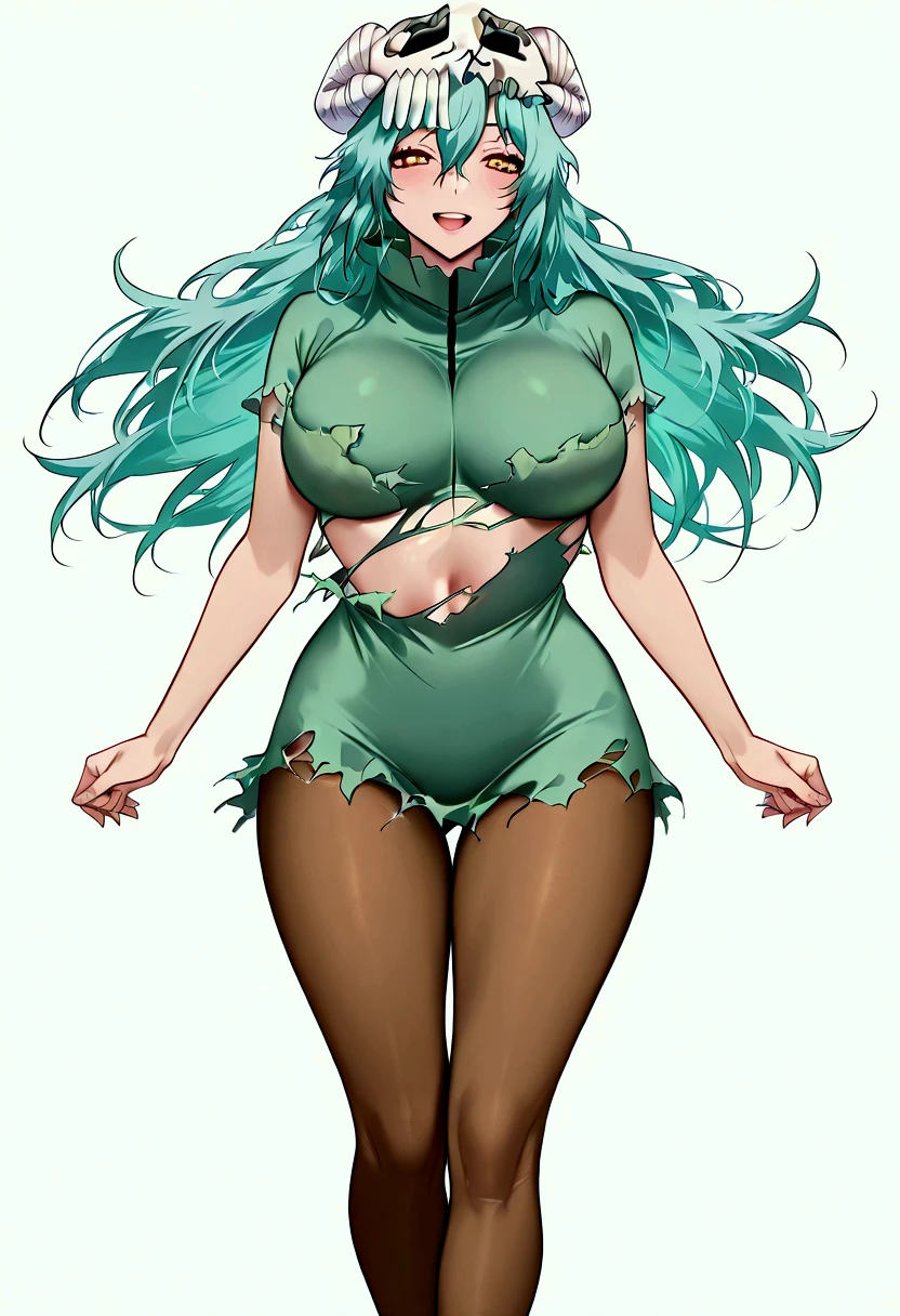 Dinamic angle,dinamic pose, Neliel Tu Odelschwan, green hair, explose skin, perfect hips, perfect tights, sensual,green torn two piece clothes, neliel Outfit acueste, niliel mask accurate, Big breast, long legs, pretty tights, smile, warm look, Open mouth, perfect, harmony, high quality, 8k, realistic Angle ,perfect scene , Masterpiece, score 9, anime colors, AMERICAN SHOT, beautiful, composition, HARMONY, high quality ,beautiful,