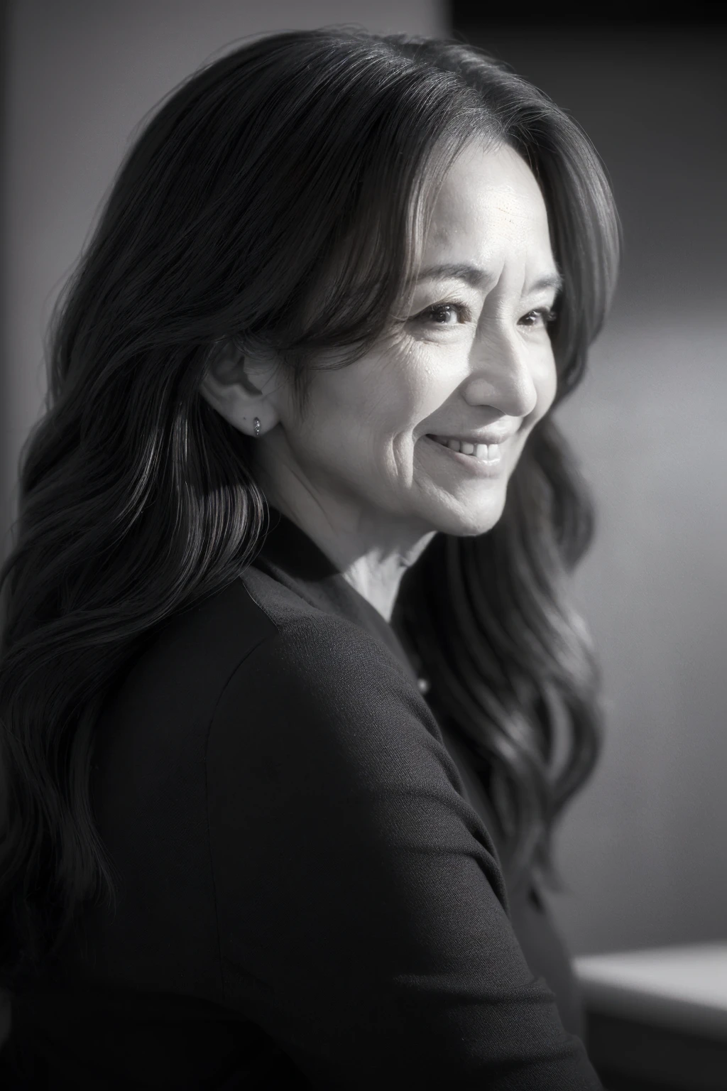 (( top quality )), ((8k)), ((masterpiece: 1.3)), ( perfect appearance ), ( Photorealism : 1.6), (( MONOCHROME : 1.3)), (No), (Mature Woman), perfect anatomy, ((65 years old)), ((Beauty Witch, Side View )), ( wave, semi-long hair), ( bewitching a smile), ( Blurry Backgrounds ),