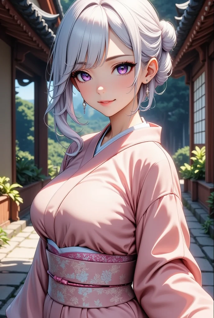 masterpiece, best quality, highres, Amira, long hair, bangs pinned back, topknot, large breasts,wearing kimono, cleavage, cowboy shot, standing, outdoors, bar, smile, shy, blushing smile,