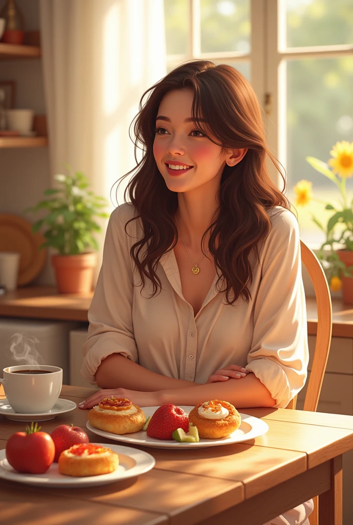 anikaxxx, ultra-realistic, woman eating breakfast at a sunny kitchen table, wearing a light summer dress, morning sunlight streaming through a window, relaxed and happy, holding a coffee cup, plate with fruits and toast, detailed skin, photorealistic.