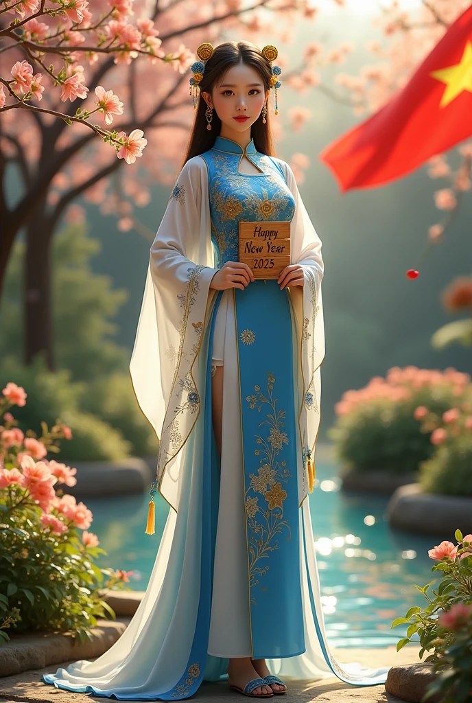 (masterpiece, best quality, the most important work:1.5), ultra detailed, high resolution, 16k, highly detailed background, elaborately designed clothes, fine cloth texture, photorealistic, the most beautiful face in the world, perfect face, attractive face, highly detailed beautiful face and eyes, delicate facial features, super detailed skin, shiny skin, perfect anatomy, ideal body, BREAK, (gorgeous and stunning lady in ao dai:1.5), perfect make-up, deeply in love, best smile, full of elegance, solo, (full body:1.5), (Ha Long Bay background:1.3)