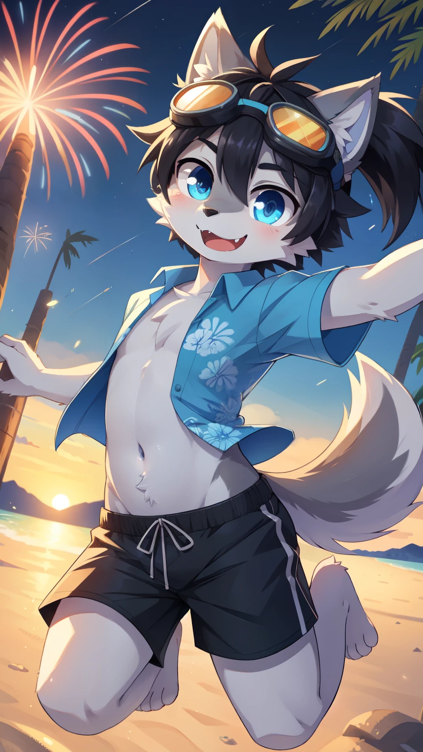 score_9,score_8_up,score_7_up, source_cartoon, source_furry, Furry shota, wolf, black hair, long spiky ponytail, blue eyes, detailed body fur, ((goggles, blue hawaiian shirt, open clothes)), looking at you, fangs, clear grey body fur, detailed face, big eyebrows, detailed eyes, detailed body, detailed body fur, detailed hands, glistering body, shiny body, skinny, uper body, damaged clothes, torn clothes, sweat, shy grin, beach, solo, motion blur, low angle, straddle view, (torn hawaiian shirt), partial nude, shy, canine penis,