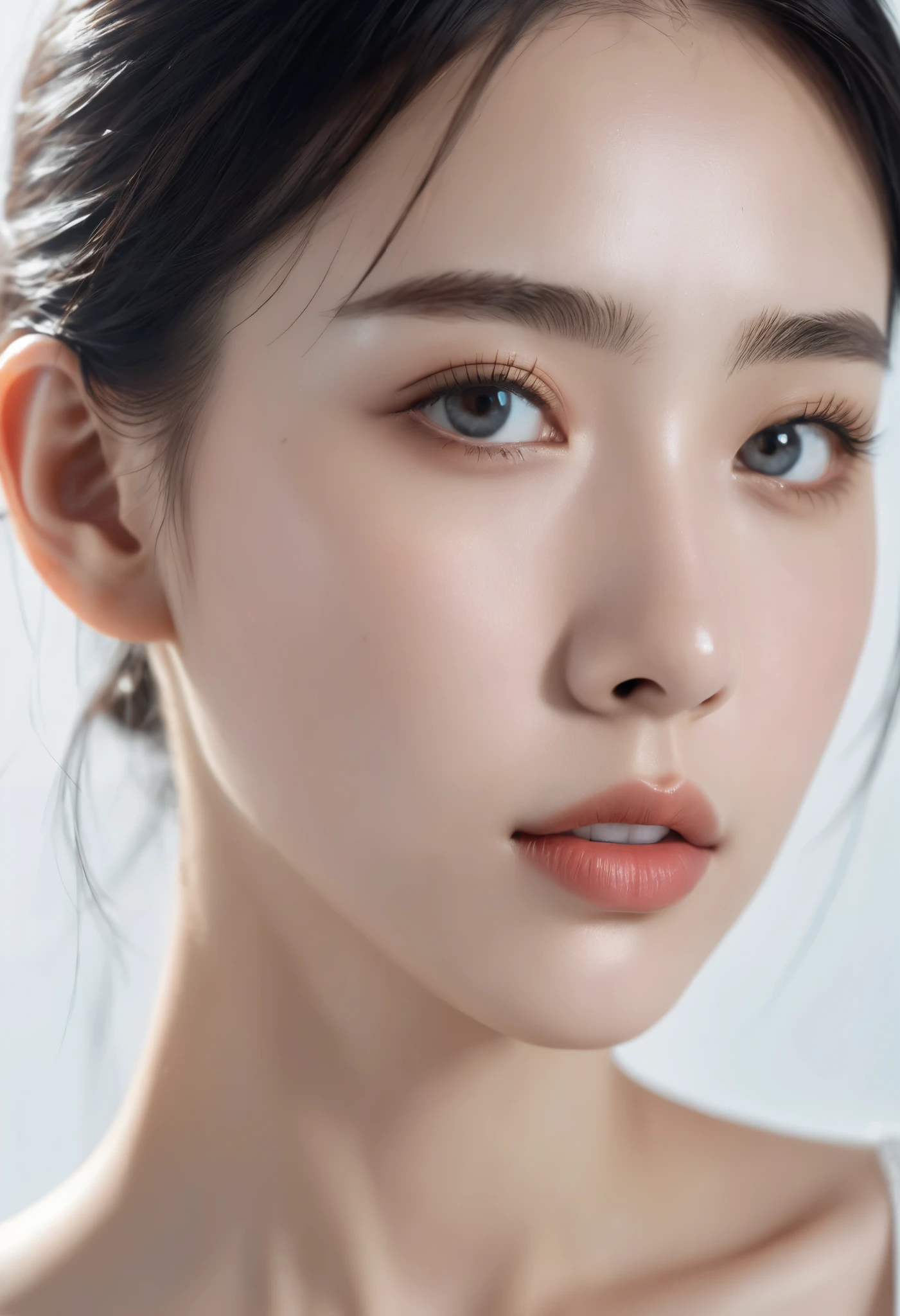 Masterpiece, Best Quality, 1girls, profile, ponytail, updo hair, nape of neck, pink lips, slightly upturned nose, long eyelashes, realistic skin texture, attractive face, pale blue background, blurred