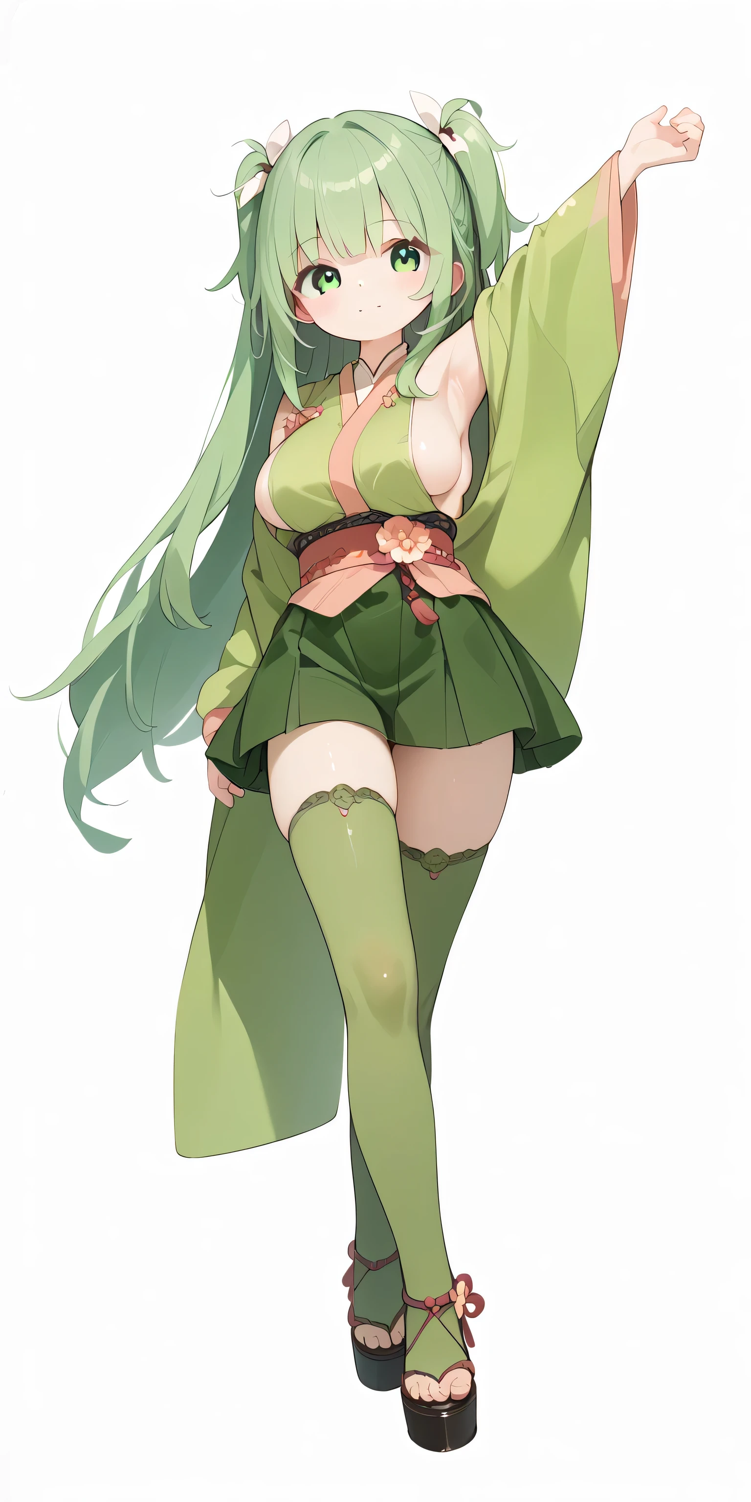 high resolution, 1 girl, high resolution, Green kimono、Big Breasts、 two side up、 cute、Sideboob、Armpit、