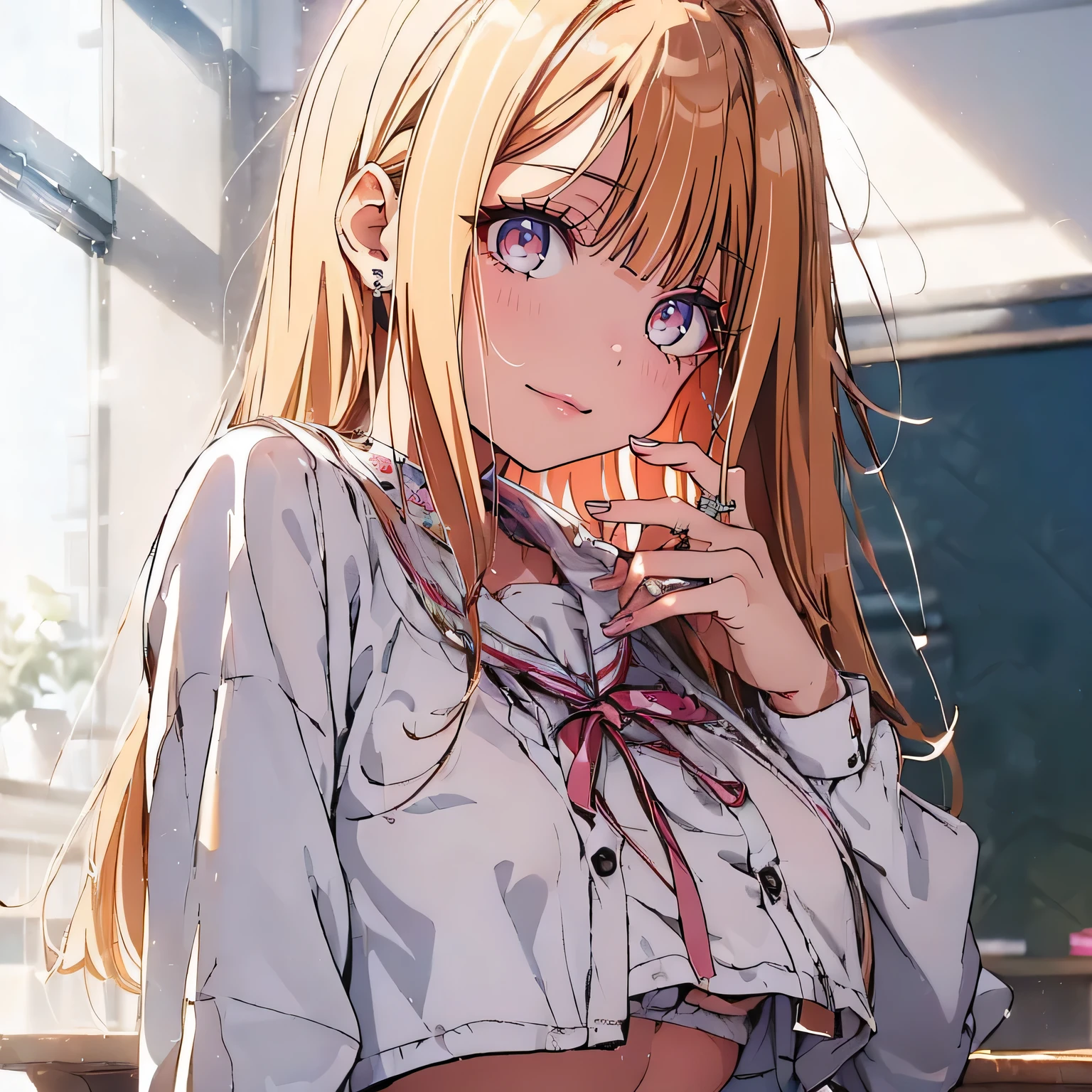 (Low noise:1.8), (8k, Super RAW Photo, top quality , masterpiece, soft cinematic lighting, Soft colors :1.4), ( looking at camera :1.5), (throw,detaileds:1.3), The sailor is transparent , ( covered nipples:0.8), chest, (Dressed:1.7), Red and white uniform, ( underboob:1.6), white skirt, white top, red ribbon , Gold Button, Gold shoulder pads, Young people, 18 years, ( embarrassing, :1.5), clean skin, Blonde, (( Half Up Hair)), open your mouth, ( beautiful brown eye details :1.4), (big chest), ( big hips), Impressive Body Curves , Excited smile, pink lips, , cute pose, kneel, masterpiece, Classroom Background, School