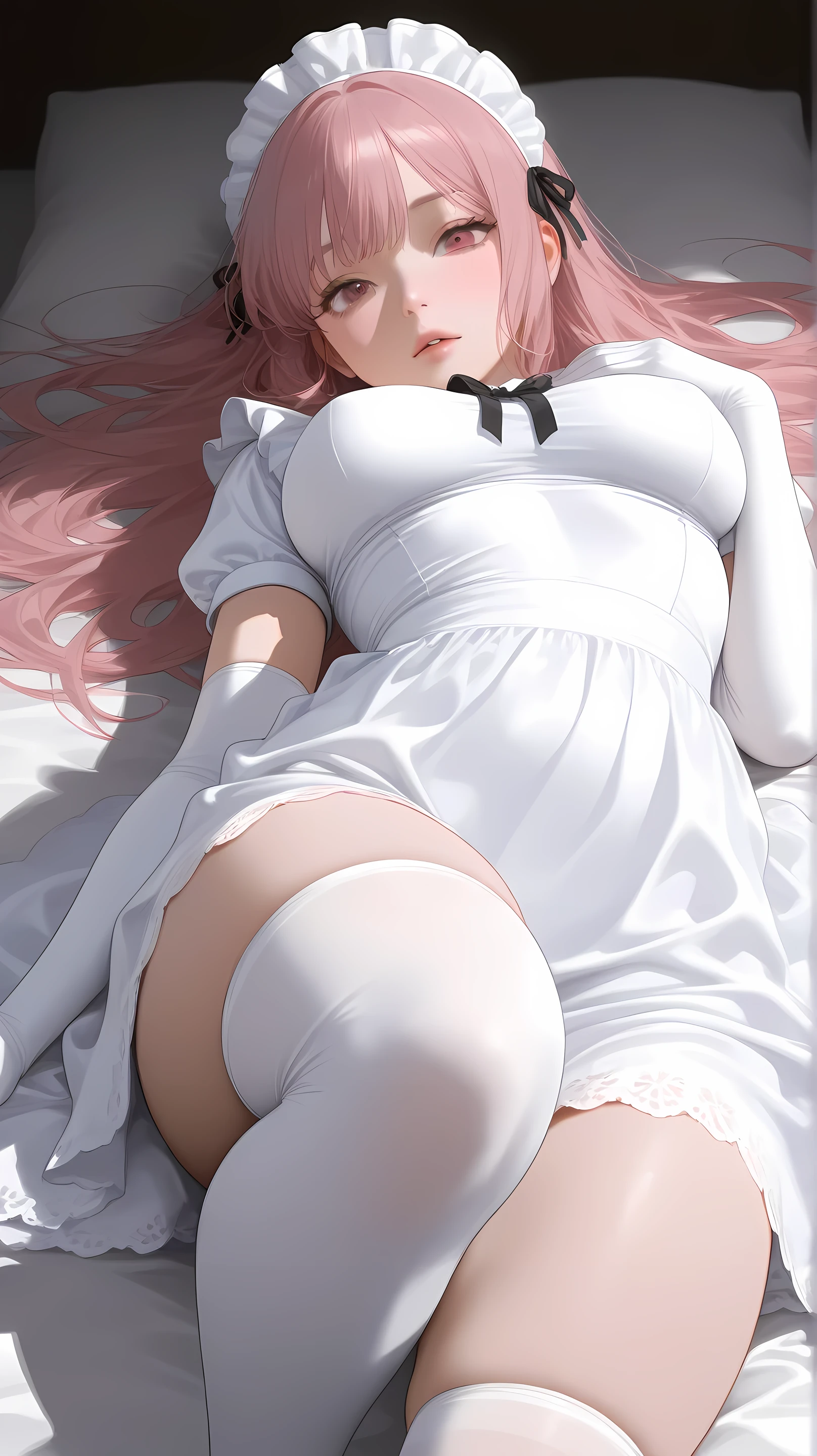  A girl,  medium breasts, Japanese smelly eyes, fringe,  elbow length gloves,  knee-high socks, Realistic lights,  detailed eyes ,  Athletic body, Wearing a short white maid dress,  big boobs,  long hair,  thick legs , short woman ,  Sensual Pose, art with outline,  open legs , close, View under the dress, lying down, close up of breasts