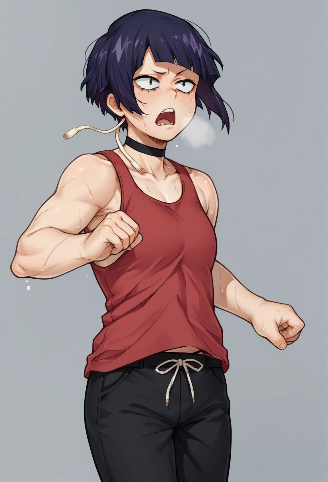 score_9,score_8_up,score_7_up BREAK jirouSDXL,1girl,short hair,dark purple hair,black eyes,choker,pants,black pants,red tanktop,jirou kyouka,cowboy shot,gym background, running pose, out of breath, sweaty, open mouth, exhausted expression