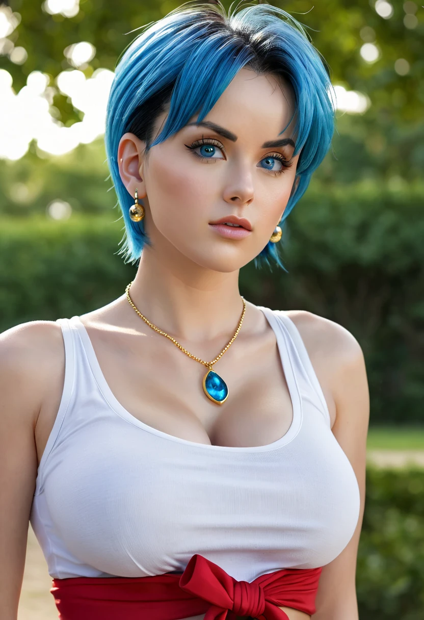  
bulma,dragon ball super, 1woman, solo, short hair, blue eyes, cleavage, jewelry, blue hair, white shirt, :d, earrings, outdoors, red neckerchief, ((photorealistic)) , masterpiece,((extremely detailed)) ,ultra realistic, detailed body, detailed face, perfect eyes, detailed eyes, portrait,(shirt
lifted by self) , (bra), big breasts, blue jeans, (thick legs), boots