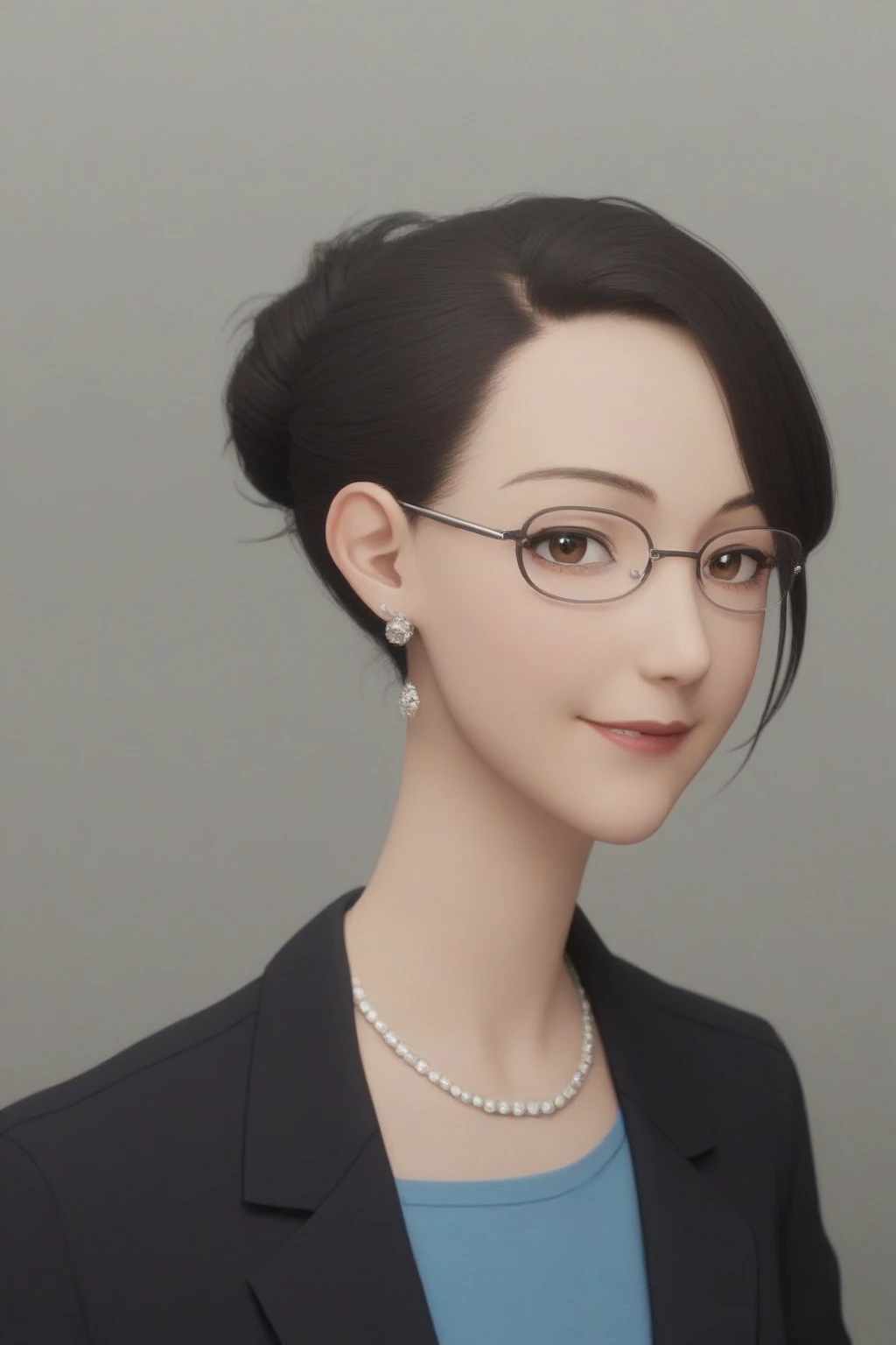 masterpiece, best quality, amazing quality, highres, absurdres, very aesthetic, high resolution, ultra detailed, perfect details, 1girl, solo, indoors, kikuchihara aki, black hair, short hair, hair bun, swept bangs, brown eyes, rimless eyewear, stud earrings, necklace, pant suit, black jacket, blue shirt, collared shirt, necklace, black pants, black footwear, high heels, (aged up:1.4), looking at viewer, (upper body:1.2), smile, (pose:1.1), anime screencap