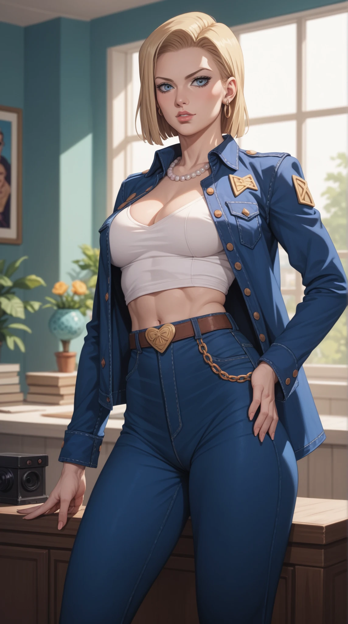 (best quality:1.5, highres, UHD, 4K, detailed lighting, shaders), best quality eyes, perfect hands, perfect finger, blue floral haired, gradient hair, big breasts, blue bra, big thighs, big butt, blue jacket, blue long pants, mature woman , (pov), black background, colorful eyeshadow, dramatic lighting, sparkling eyes, sensual expression, golden earrings, flowing hair, delicate facial features, dark skin, high cheekbones, urban setting, full body, black background, dont look for the camera, lean forward, behind the camera