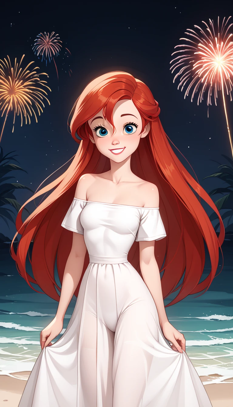 score_9, score_8_up, score_7_up, DisneyAriel, 1girl, red hair, blue eyes, long hair, looking at viewer, wearing a white off the shoulders ruffle maxi dress, short sleeve, standing on the beach, waves gently lapping at the shore, night skies with blue and purple hues with sparkling stars, relaxed and contemplative atmosphere, upper body, smile, arms at side, fireworks