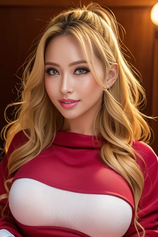 (  Cowboy Shots、   top quality 、8k、  Award-winning works  、  Super high resolution)、  beautiful women、(    perfect and most natural red long sleeve casual sweatshirt with main emphasis on body line :1.1)、( blonde alone :1.1)、  Brightly Colored Contact Lenses  、  Fully effective   、  bright enough to reflect the shiny lip gloss on the t-shirt、(  very heavy makeup :1.2)、(Deep pink around the eyes:1.1)、     beautiful bright eyeshadow     、 dark makeup 、(Big Breasted :1.2)、(   face close-up  :1.5)、   super long wavy hair   、(Romantic affection:1.1)、  Best smile when she looks at me   、(  Mainly emphasizes body line :1.1)、(  strong blurry vivid Harajuku city background :1.1)、(    Intensely Blurry Background    :1.1)、   Exact Anatomy、  ultra HD hair、(  Super high resolutionの完璧な美しい歯:1.1)、 Ultra high definition beautiful face  、  ultra HD hair、Ultra HD Shining Eyes、輝く  Super high resolutionの美肌、  Super high resolutionの艶やかな唇