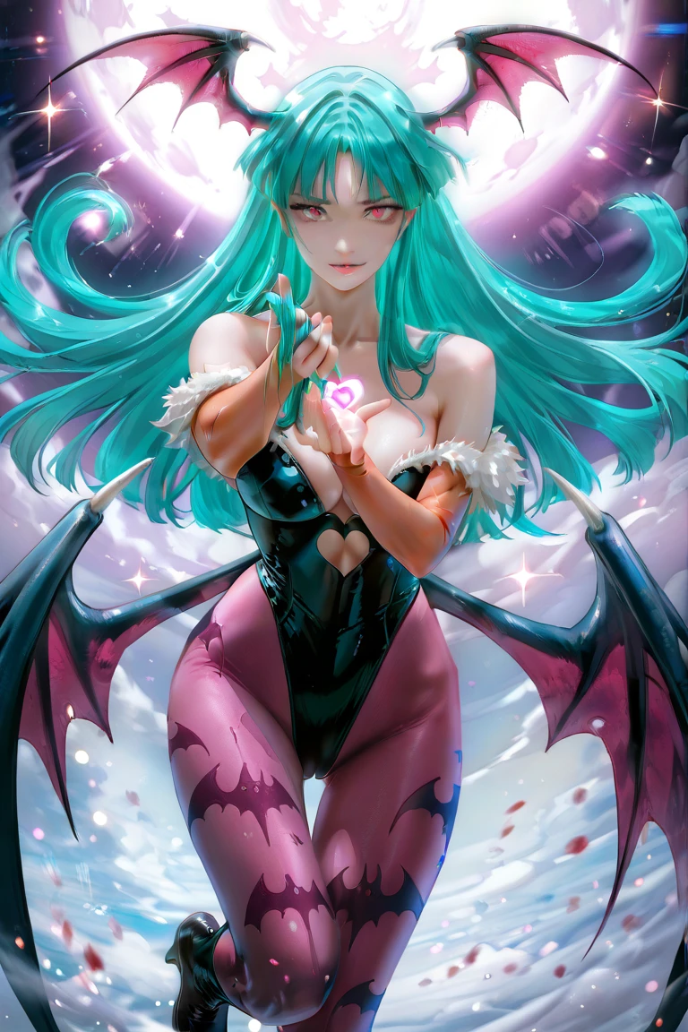 Morrigan Aensland, beauty lady, long hair, Aqua hair, head wing, off shoulder, gren eyes, leotard, print leg wear,  pantyhose、Elbow Handbags、devilwing, Powerful eyes, sexy, largebreast, beauty leg, grossy skin, beckoning, One leg high raised, beauty body, Touching hair with both hands