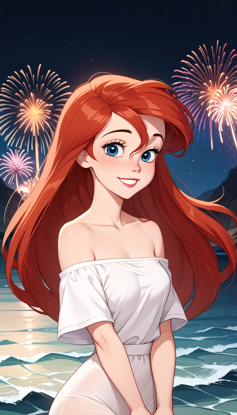 score_9, score_8_up, score_7_up, DisneyAriel, 1girl, red hair, blue eyes, long hair, looking at viewer, wearing a white off the shoulders ruffle maxi dress, short sleeve, standing on the beach, waves gently lapping at the shore, night skies with blue and purple hues with sparkling stars, relaxed and contemplative atmosphere, upper body, smile, arms at side, fireworks