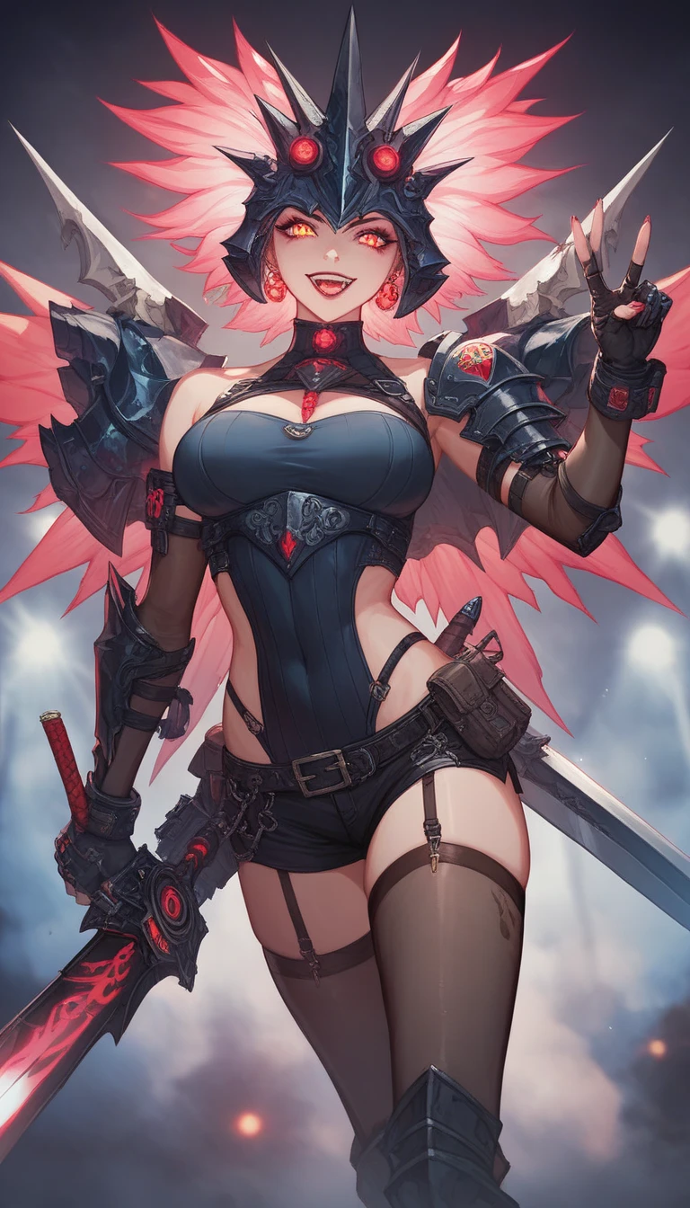 最high quality、best image quality、masterpiece、girl((20-year-old、 By becoming、vest bust、medium bust,wide open breast tea、shining eyes, light blue hair、long hair、thin,highest valley、ponytail、robot body、Machine body、red lipstick、half-backed posture、floating state、mechanical sword、sharp mechanical wings、shiny boots、smile)),high quality、beautiful art、background((spark、up in flames、red lighting、meteor))、Flight、debris flies、Depth of written boundary、movie、visual art、perfect art、8k,genuine、
