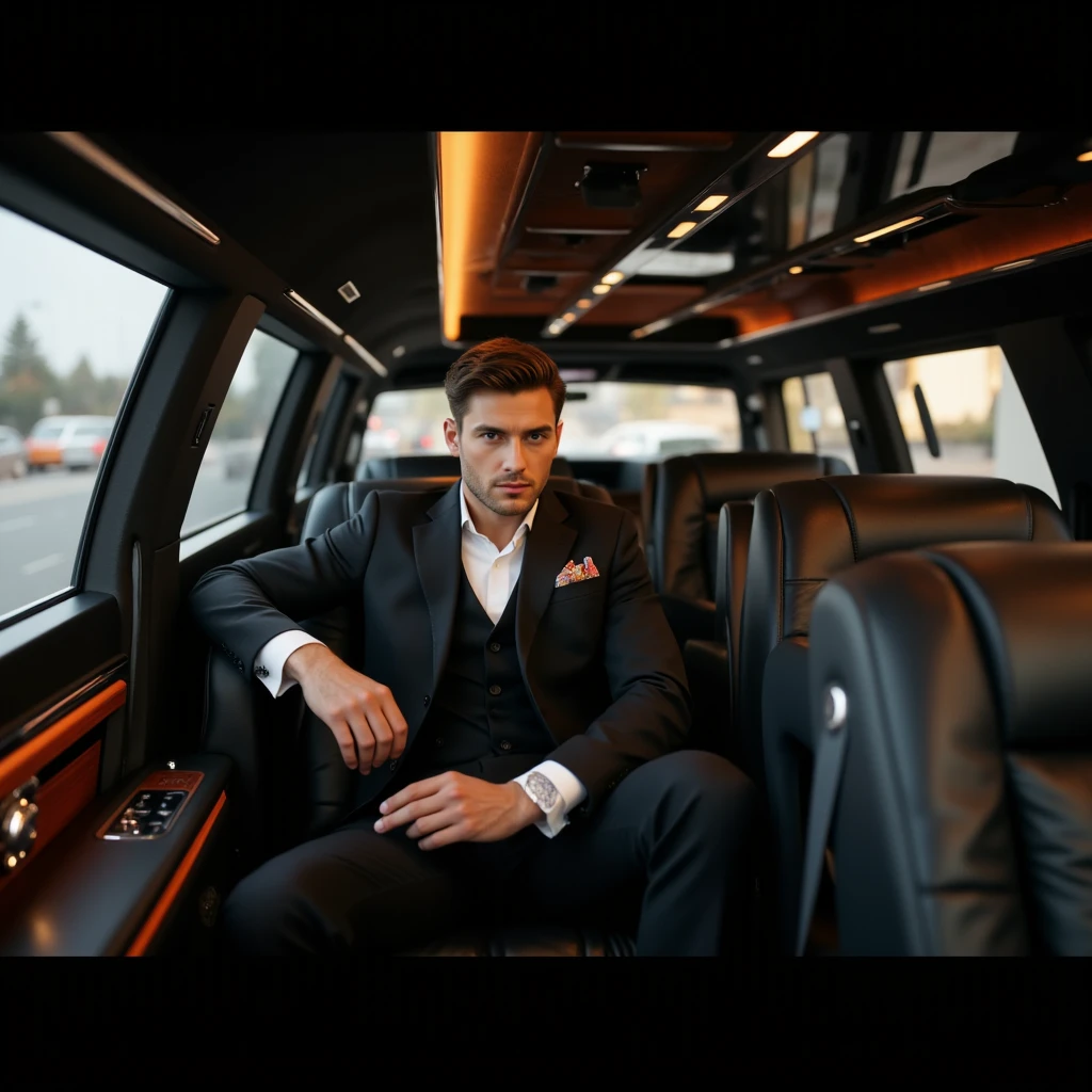 Ash Ketchum wearing a tuxedo in a limousine while drinking champagne