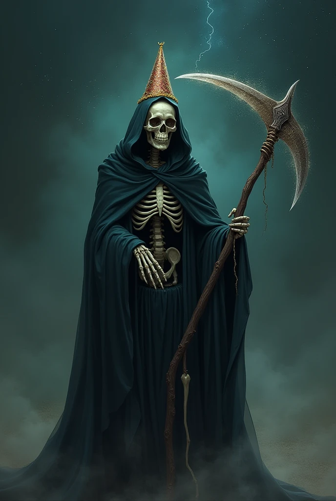 Old skull,with a gold crown,sentada em um trono de pedra,black mantle,leaning on a cane,in an old cemetery,smoking a pipe