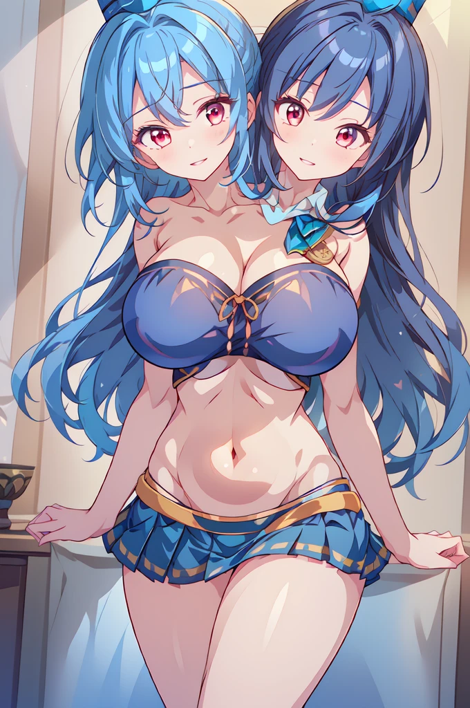 (masterpiece, best quality), best quality, (ultra-detailed), (3heads:1.5), 1girl, (Megumu Iizunamaru:1.3), masterpiece, best quality, ultra quality, ultra resolution, ultra detail, dark blue top, crop top, ((stomach)), midriff, ((groin)), dark blue skirt, normal ears, sweet smile, (blue hair:1.5), blue hair, very long hair, wavy hair, (blunette:1.5), red eyes, detailed eyes, parted lips, open belly, smiling, cute, toned belly, hand on own chest, eyelashes, (2 woman:1.3), (masterpiece:1.5), (best quality:1.5), (beautiful detailed), extremely detailed CG, extremely delicate and beautiful, depth of field, (finely detailed face), (perfect details:1.2), (mature female:1.3), sexy body, slender, large veiny breast, 16k resolution, highres, high quality, high definition, extremely detailed, masterpiece, blue hair, long hair, alluring presence, three heads, short skirt, close up, very big breasts, huge breasts, young, ribbon trim, wearing a blue tokin, (Wearing a tokin hat:1.5), golden pauldron, single pauldron,
