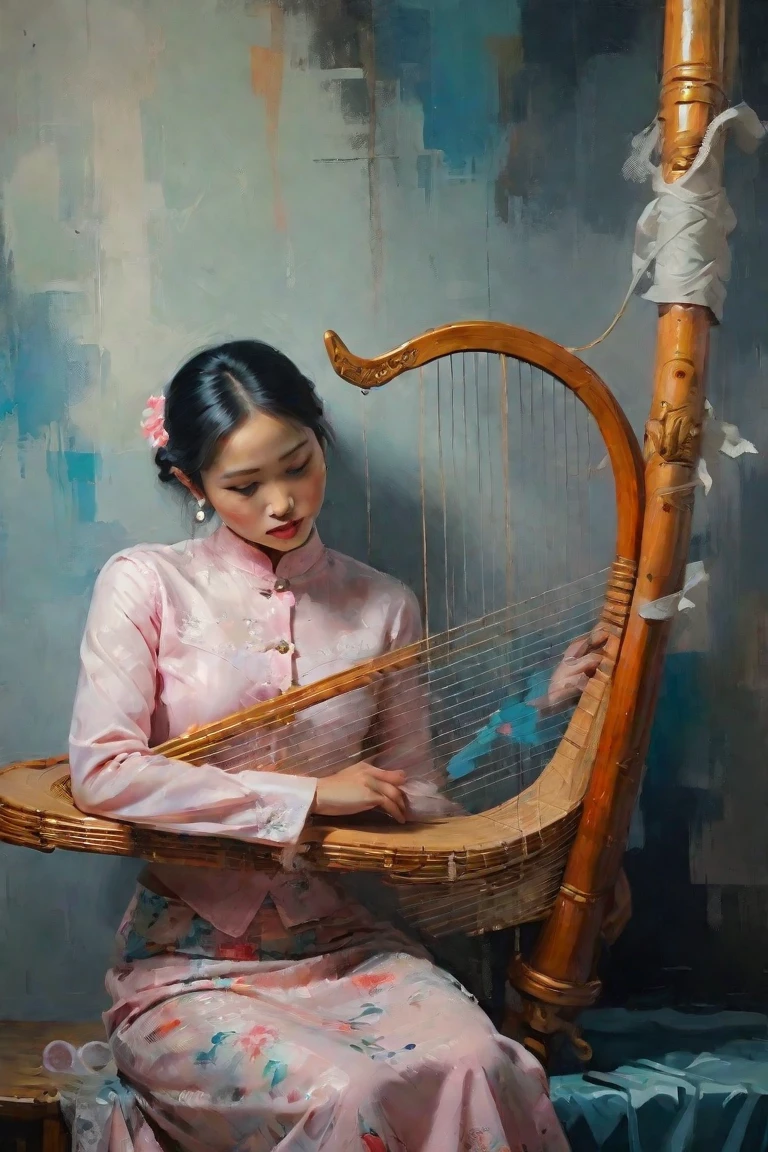 Create a contemporary portrait of a beautiful woman, Myanmar traditional long sleeve lace shirt and floral long skirt , playing the Traditional Burmese Harp in the
expressive and painterly style of Malcolm Liepke,
utilizing a palette of light pink, Red and black,
light grayish blue. The portrait should feature a
close-up of the subject's face with strong, dynamic
brushstrokes and a focus on capturing the depth and
texture characteristic of Liepke's work.Use light pink and bright
blue for the highlights and vibrant
areas,while employing muted blue, dark
grayish blue, and light
grayish blue to create shadows and
depth. Ensure the background
complements
the portrait with subtle variations of the
same color
palette, evoking a sense of modern
elegance and
emotional intensity