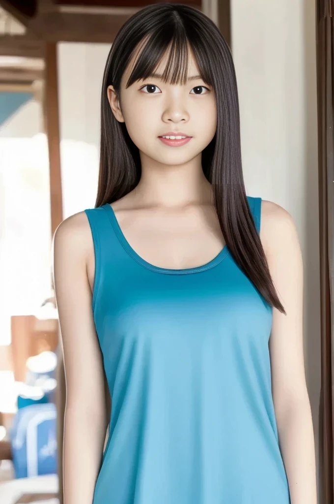 best quality,1girl,((big breasts:1.3)),((((10歳:1.3)))),smile,black hair,long hair,((white tank top,Dolphin Shorts,black thighhighs:1.1)),from side