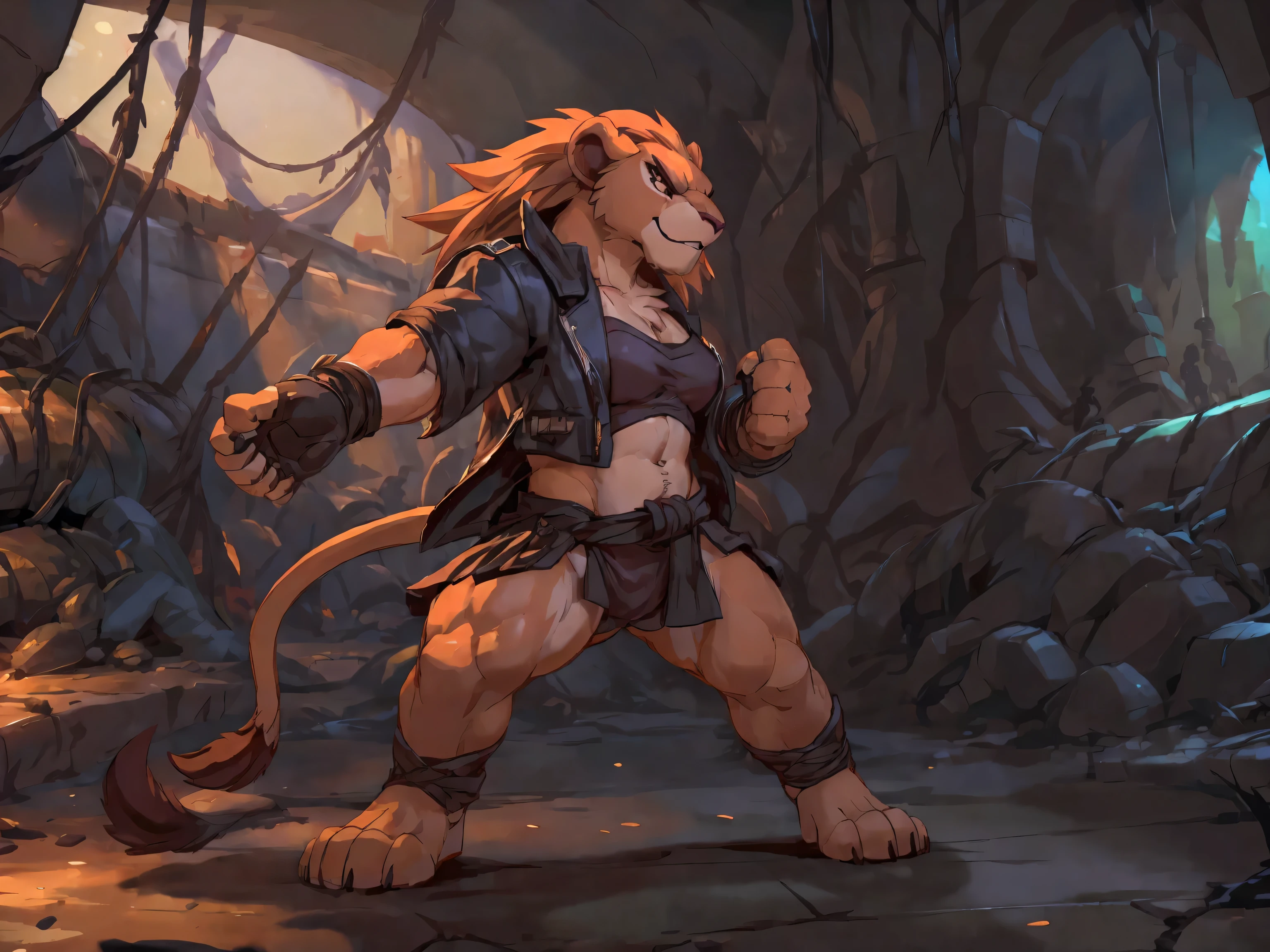 lion, (female:2),  in dark Underground sewer tunnel , dark Utility tunnel, 1girl, solo, stare, sincere, cropped jacket, martial arts stance, fighting stance, masterpiece, (16K), HD, Various facial details, detailed background, very detailed, dynamic poses, Eyes details,  high resolution, high quality, correct anatomy, cartoon, by lindong, by null-ghost
