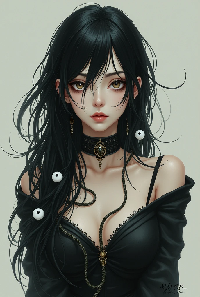 ((Artwork, 8K, extremely detailed, anime style)), 1 woman of Vietnamese ethnicity, long black hair in pineapple bun, spider tattoo on face, black eye iris, black lipstick lip, black off-shoulder dress, with black opisthosoma.