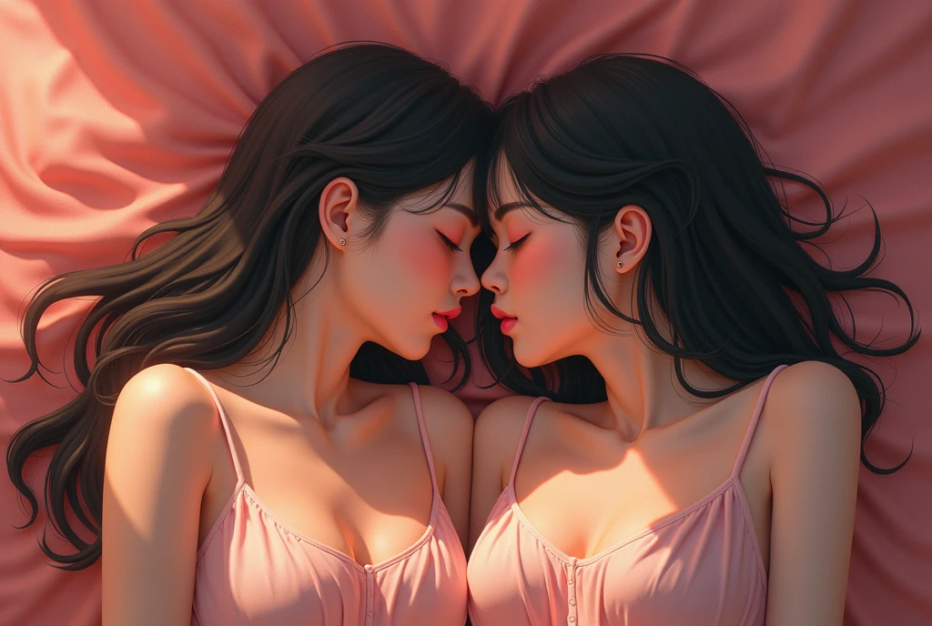 beautiful naked japanese women with big breasts lying on the sheet kissing