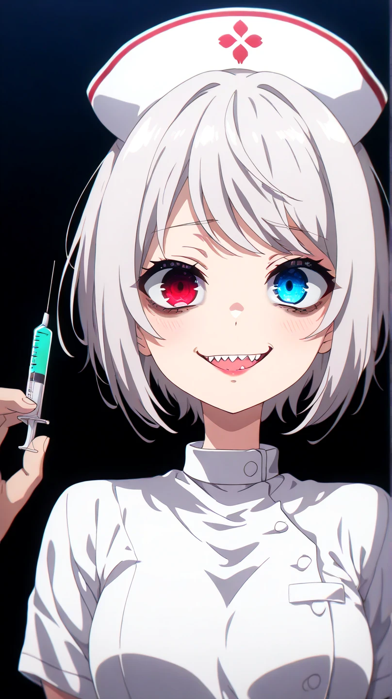 auto-destructive art, 1girl,solo focus, creepy kawaii, anime vibes, Short hair, silver-white hair with a slightly messy style and side-swept bangs.Heterochromia iridis),(left eye,Red eyes),(right eye,blue eyes), half body detailed, nurse outfit, half body detailed, scare face, evil side, A young nurse wearing a classic white uniform and a nurse cap, holding a syringe close to her cheek. Her expression is intense and slightly intimidating, with sharp eyes and a subtle smirk on her lips. She tilts her head slightly, emphasizing her commanding presence