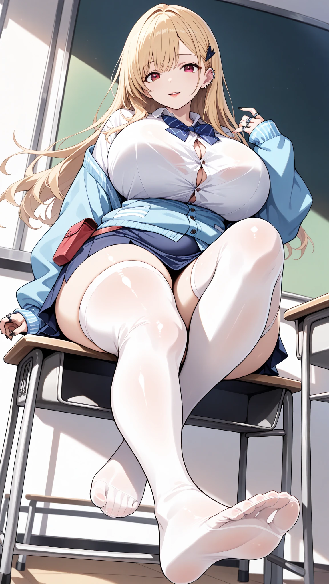 (masterpiece,  top quality,  absurd,  high definition ,  Concept Art ,  vibrant colors,  super detailed, up to date, Ray Tracing),  1 girl, (tiadef , brown eyes, blonde hair, long hair, hair ornament, ear piercing, huge breasts, white shirt, cleavage, button gap, blue bowtie,  blue cardigan, sleeves past wrists, blue skirt, multiple rings, black nails, white thighhighs, hip pouch, see-through), (huge breasts, potbelly, wide hip, thick thighs),  viewers who stop at the edge, Open lips, Smile,  is shy, (Detailed school, classroom), (shiny skin,  beautiful skin,  textured skin,  smooth skin,  shiny skin, Body that emits light ), (full body), (from below, reclining, soles), 