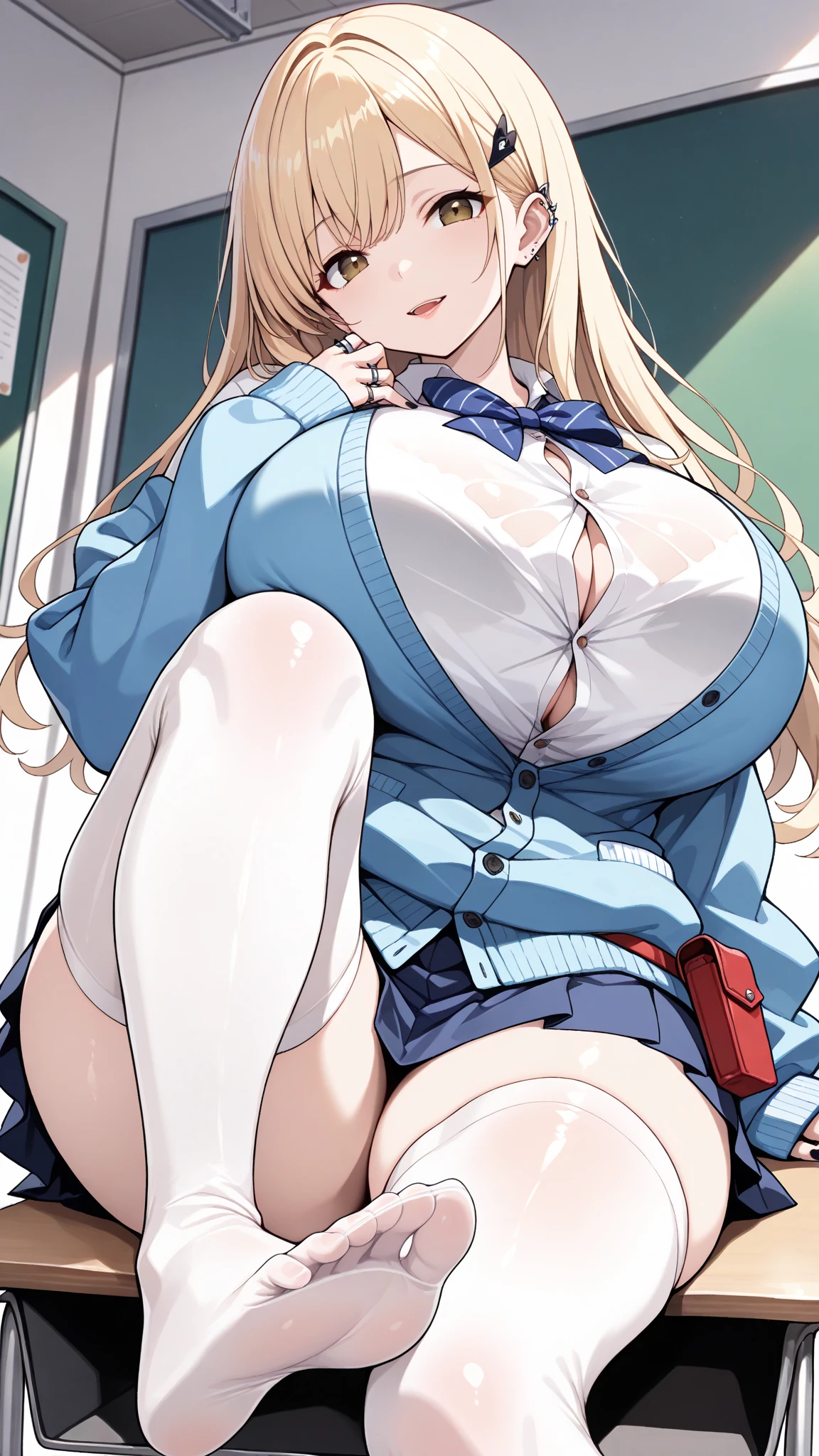 (masterpiece,  top quality,  absurd,  high definition ,  Concept Art ,  vibrant colors,  super detailed, up to date, Ray Tracing),  1 girl, (tiadef , brown eyes, blonde hair, long hair, hair ornament, ear piercing, huge breasts, white shirt, cleavage, button gap, blue bowtie,  blue cardigan, sleeves past wrists, blue skirt, multiple rings, black nails, white thighhighs, hip pouch, see-through), (huge breasts, potbelly, wide hip, thick thighs),  viewers who stop at the edge, Open lips, Smile,  is shy, (Detailed school, classroom), (shiny skin,  beautiful skin,  textured skin,  smooth skin,  shiny skin, Body that emits light ), (full body), (from below, reclining, soles), 