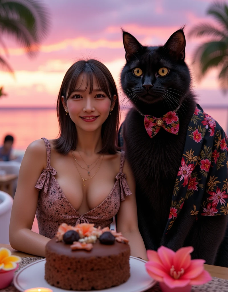 ultra-realistic, photorealistic, dramatic scene, shadow, global-illumination, solo, 1 girl\( 20 years old Japanese beautiful girl, beautiful with cute face, very large breasts, wearing tropical patterned one-piece dress, shoulder-length brown hair, accessories, big smile\), 1 human-like giant black cat\( human-like giant black cat, wearing tropical patterned dark colored aloha-shirt, wearing an aloha-shirt, bow tie, slight taller than the girl, with her, little chubby\), the girl and human-like giant black cat are enjoying their gorgeous dinner desert at the fine pool side restaurant in the luxury resort hotel in Maldives, gorgeous stylish furnishings, famous 5-star hotel, amazing view of the ocean with pool, extremely beautiful sunset, purple and pink sky, many beautiful tropical flowers are floating on the pool, candle, (a cute cat's face shaped large chocolate sponge cake with toppings), tea set