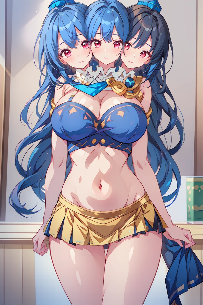 (masterpiece, best quality), best quality, (ultra-detailed), (3heads:2.0), 1girl, (Megumu Iizunamaru:1.3), masterpiece, best quality, ultra quality, ultra resolution, ultra detail, dark blue top, crop top, ((stomach)), midriff, ((groin)), dark blue skirt, normal ears, sweet smile, (blue hair:1.5), blue hair, very long hair, wavy hair, (blunette:1.5), red eyes, detailed eyes, parted lips, open belly, smiling, cute, toned belly, hand on own chest, eyelashes, (2 woman:1.3), (masterpiece:1.5), (best quality:1.5), (beautiful detailed), extremely detailed CG, extremely delicate and beautiful, depth of field, (finely detailed face), (perfect details:1.2), (mature female:1.3), sexy body, slender, large veiny breast, 16k resolution, highres, high quality, high definition, extremely detailed, masterpiece, blue hair, long hair, alluring presence, three heads, short skirt, close up, very big breasts, huge breasts, young, ribbon trim, wearing a blue tokin, (Wearing a tokin hat:1.5), golden pauldron, single pauldron,
