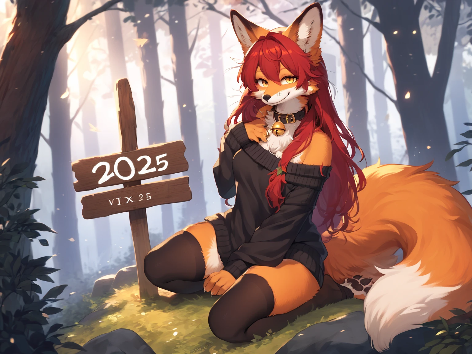 full body、Solo、score_9、 score_8_up、 score_7_up、unpralleled masterpiece、perfect artwork、highres、Elegant、Mysterious、Detailed、 Beautiful、Voluptuous、moody atmosphere、fox、kitsune、cute vixen、anthro、orange fur、(kemono、furry anthro)、(long hair、beautiful hair、dark scarlet red hair)、yellow eyes、(tuft of fur)、(digitigrade、claws、fox paws、exposed feet)、(foxy whiskers)、fluffy tail、(heavily shaded orange body、dark black shading on body)、(light smile、soft smile、smiling cutely)、wearing (Black simple stylish thigh highs、Black crop off shoulder sweater、Collar with gold bell、christmas hat)、(in a forest、boulder)、looking at viewer with adoration、on knees、on a boulder、(wooden sign that reads "2025")