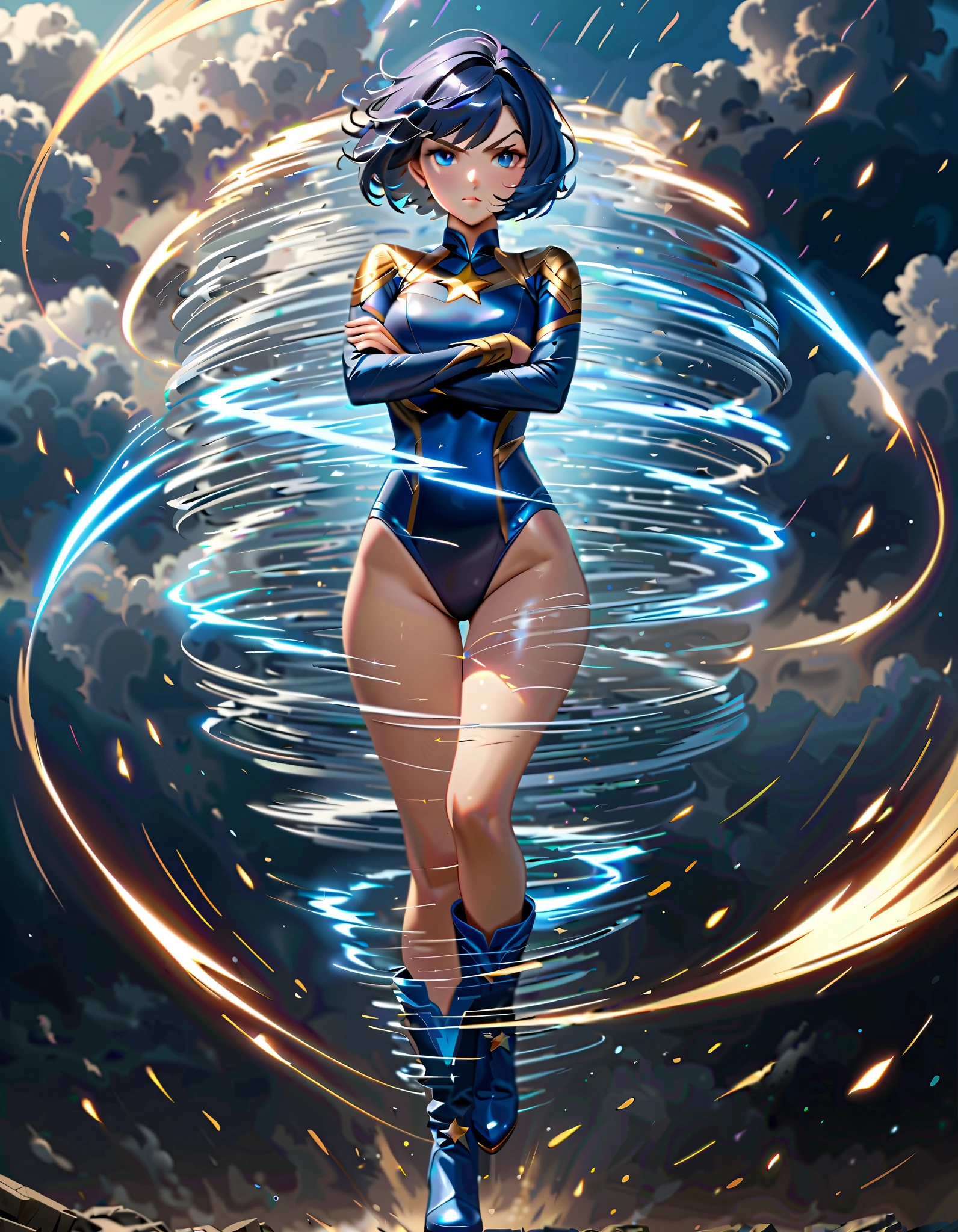 masterpiece, best quality, 1girl, superhero, ((leotard, dark blue leotard)), long sleeves, bare legs, boots, dark blue boots, matching boots, medium breasts, diffraction spikes, light particles, standing, standing straight, dark blue hair, ((short hair, bob hair)), blue eyes, beautiful detailed eyes, beautiful detailed face, cute face, (perfect hands, complete fingers, perfect anatomy, perfect proportions), heroic, ((star symbol on the chest)), serious, full body with costume, full body, cowboy shot, ((raised arms, she spins at an incredible speed, creating a whirlwind of air around her, cyclone spinning, spiral lines, spinning energy pulse around))