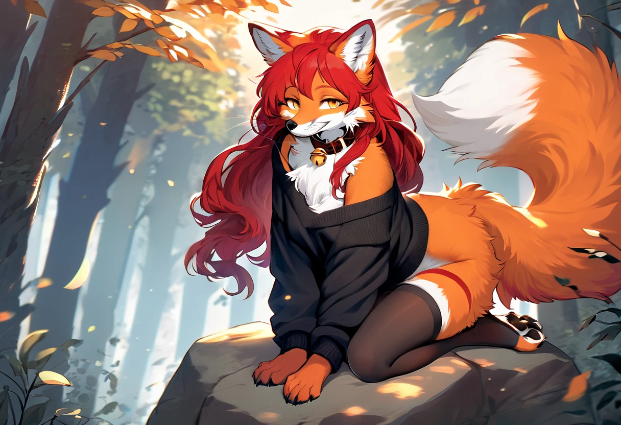 full body、Solo、score_9、 score_8_up、 score_7_up、unpralleled masterpiece、perfect artwork、highres、Elegant、Mysterious、Detailed、 Beautiful、Voluptuous、moody atmosphere、fox、kitsune、cute vixen、anthro、orange fur、(kemono、furry anthro)、(long hair、beautiful hair、dark scarlet red hair)、yellow eyes、(tuft of fur)、(digitigrade、claws、fox paws、exposed feet)、(foxy whiskers)、fluffy tail、(heavily shaded orange body、dark black shading on body)、(light smile、soft smile、smiling cutely)、wearing (Black simple stylish thigh highs、Black crop off shoulder sweater、Collar with gold bell)、(in a forest、boulder)、looking at viewer with adoration、on knees、on a boulder