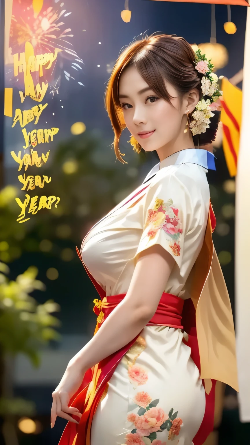 Myanmar Girl Uplifted and well-defined breasts and big butt Japanes traditional kimono Dress Highly Detailed Flower Drawing, side shot, Soft Lighting Glow Effect , cinematic look , beautiful hair, SFW, (hanging banner which says "Happy New Year":1.4),