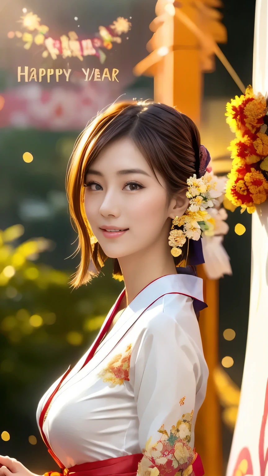 Myanmar Girl Uplifted and well-defined breasts and big butt Japanes traditional kimono Dress Highly Detailed Flower Drawing, side shot, Soft Lighting Glow Effect , cinematic look , beautiful hair, SFW, (hanging banner which says "Happy New Year":1.4),