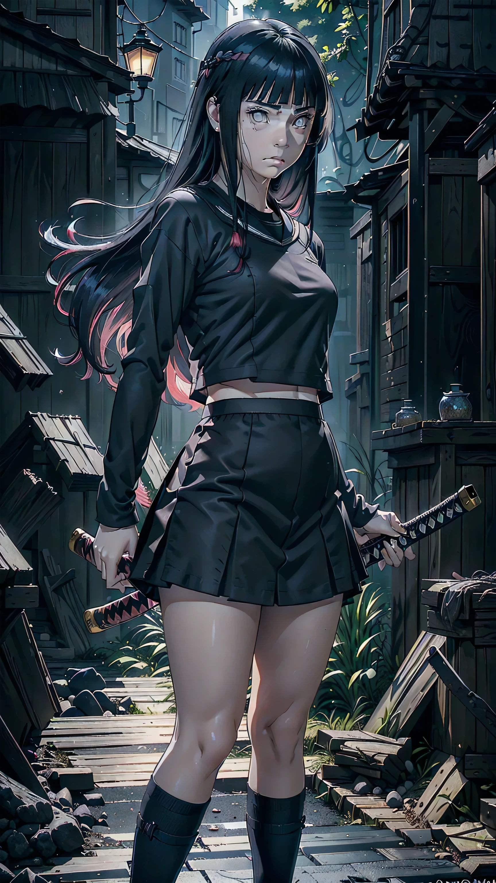 ((masterpiece)), ((best quality)), 1girl, Alone, ((Hinata Hyuga)), ((top quality, ultra-detailed)), ((high resolution, extremely detailed CG, unity 8k wallpaper, by famous artist, perfect anatomy, super detailed skin, cinematic lighting, UHD, retina, anatomically correct, 1080P)), ((Please draw a single one young girl wielding a katana, standing, Sad face, scared, tender, humble, good girl look, with no background:1.3)), ((1girl)), (Alone, face,-yeld:2. a high school student, ((cute petit girl, chibi, babyface)), androgynous charm, ((full black hair)), ((Long bob cut, with straight bangs, hair covering the ears)), ((long bob hairstyle)), ((blunt short bang, micro bangs)), ((long hair:2.0)), ((straight hair fallen down and still hair)), Full limbs, complete fingers, ((perfect fingers, perfect arms)), ((detailed face)) ((Sad face)), medium chest, medium butt, ((Beautiful detailed full black eyes)), ((black eyes)), perfect eyes, ((full black long sleeves sailor school uniform, black skirt and black blouse:1.3)), (Detailed Lighting), ((realistic lighting)), full body view, standing, single girl (one girl), ((full body view)), ((front body)), ((full body)), ((standing)) ((detailed perfect face)), ((skinny body)), ((angry)), ((furious)), ((wielding a katana)), ((head looking to the left side:1.5)), ((straight hair falling without moving:1.3))