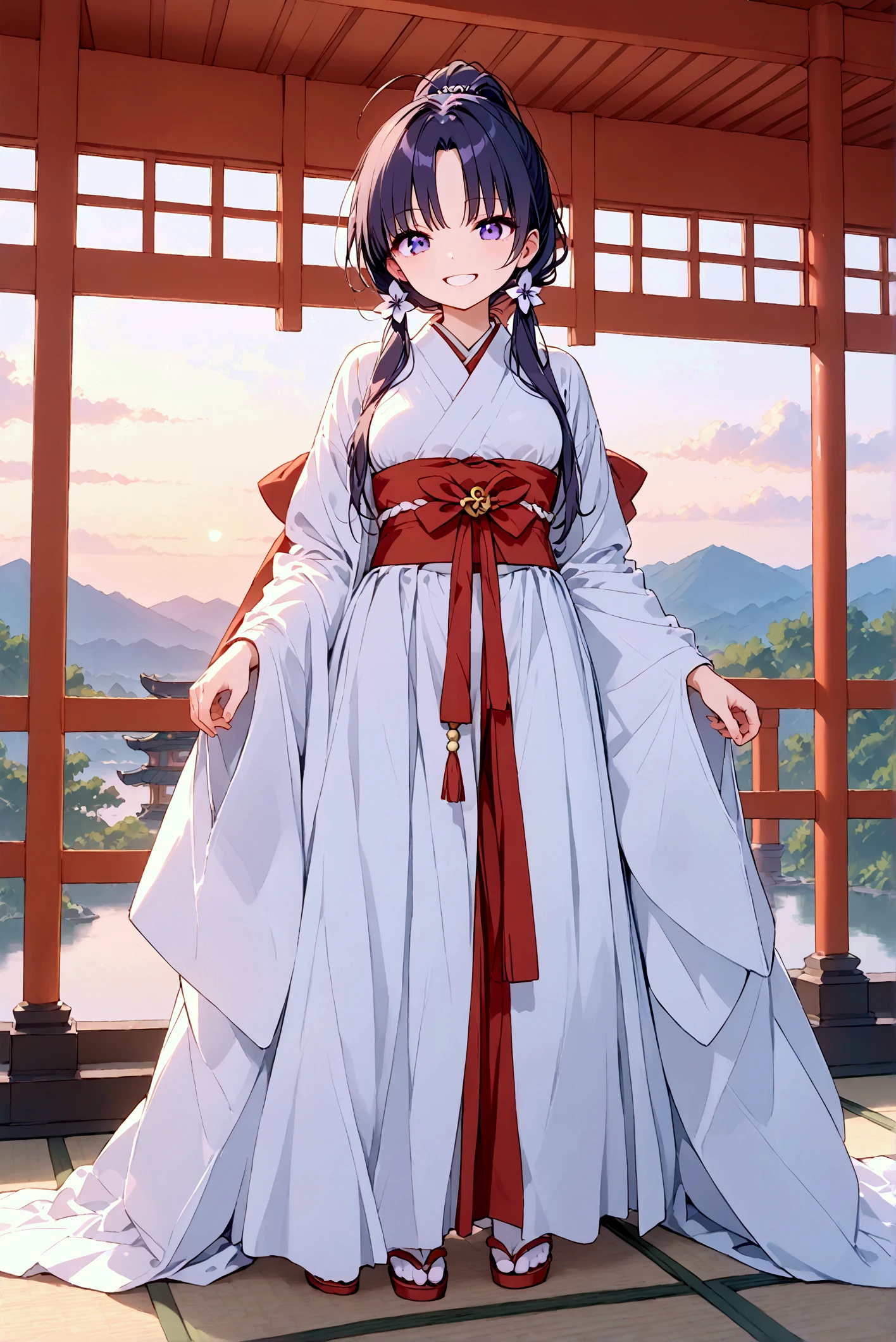 ((masterpiece)),8k, 1 girl ,solo, wearing beautiful Japanese Miko costume, with a white snake, beautiful light blown hair, ponytail hairstyle, ((middle breasts)), beautiful purple eyes, the background is japanese shrine sando, outdoor, morning, sunrise, gravure pose ,  ,(lovely), a happy new year🎍, full body, smile, evil grin,
