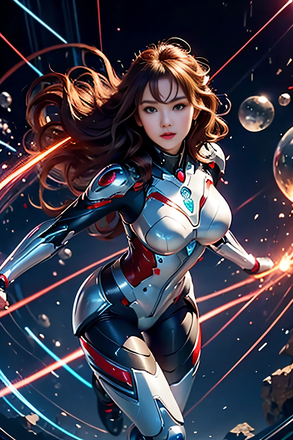 A dynamic pose of a 20-year-old Japanese female Ultraman, posing confidently with her shiny red and silver suit glistening under cinematic lighting. Her beautiful face, with perfect proportions and big, even eyes, is framed from the knees up, drawing attention to her radiant expression. Long, curly brown hair cascades down her back as she looks directly at the viewer. The tight, thin cyber suit accentuates her delicate yet alluring figure, featuring very large breasts and buttocks. A luminescent sphere glows on each side of her chest. She stands against a clear blue sky background, exuding an air of confidence and power.