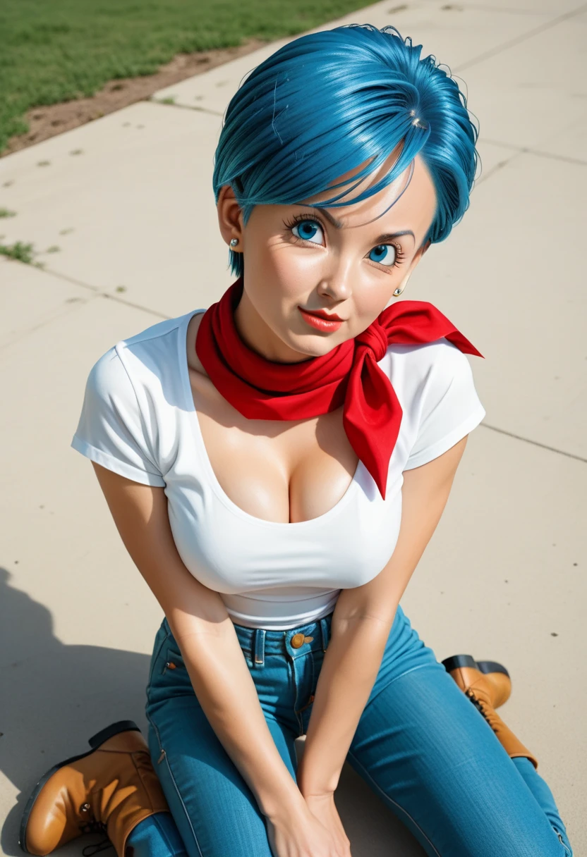  
bulma,dragon ball super, 1woman, solo, short hair, blue eyes, cleavage, jewelry, blue hair, white shirt, :d, earrings, outdoors, red neckerchief, ((photorealistic)) , masterpiece,((extremely detailed)) ,ultra realistic, detailed body, detailed face, perfect eyes, detailed eyes, portrait,(shirt
lifted by self), big breasts, blue jeans, (thick legs), (boots) 