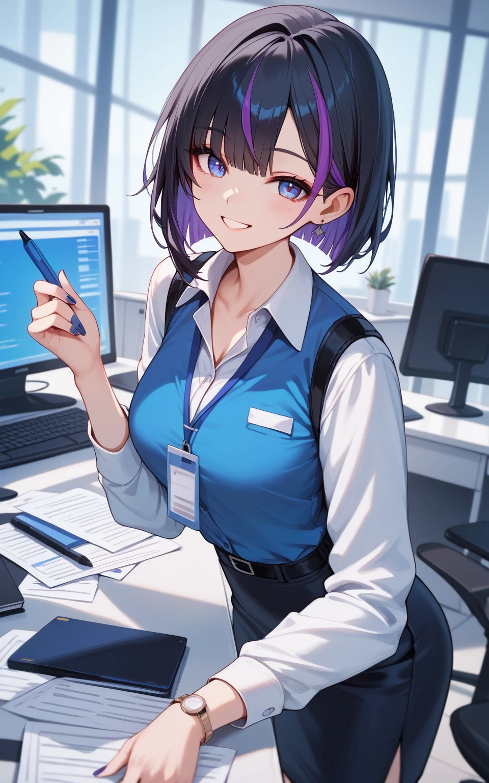 ((smile)), 
((office worker)),
((masterpiece)), 
((best quality)), 
((high quality)), 
((ultra high res)), 
((female)), 
((high quality)), 
Black  hair,purple streaked hair, shaggy,one length cut hair