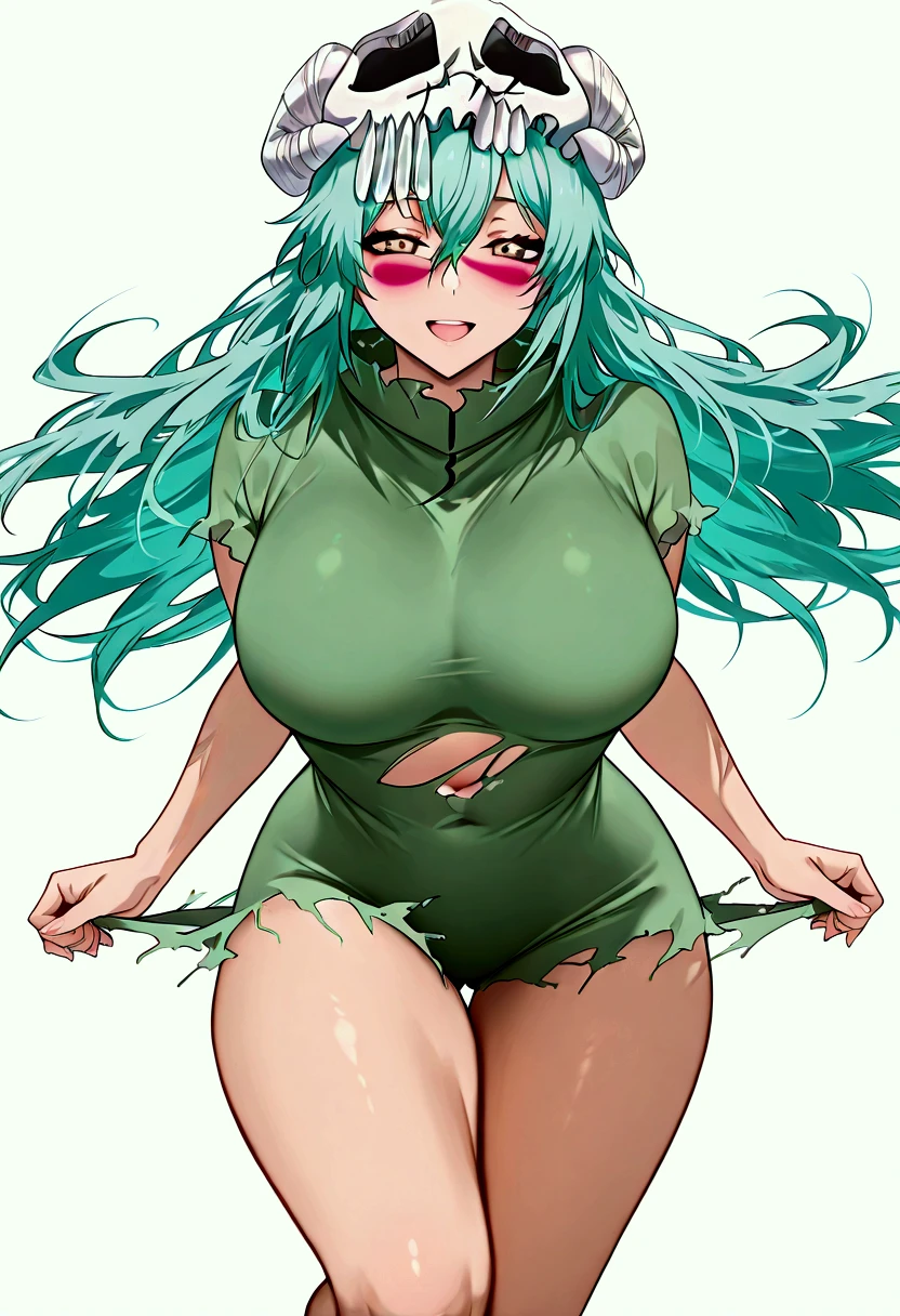 Red painted mark under her eyes,Dinamic angle,dinamic pose, Neliel Tu Odelschwan, green hair, explose skin, perfect hips, perfect tights, sensual,green torn two piece clothes, upper piece cloth green, bare legs,neliel  acueste, niliel mask accurate, Big breast, long legs, pretty tights, smile, warm look, Open mouth, perfect, harmony, high quality, 8k, realistic Angle ,perfect scene , Masterpiece, score 9, anime colors, AMERICAN SHOT, beautiful, composition, HARMONY, high quality ,beautiful,no stokins,perfect butt, around buttocks,jumping dinamic, Focus on face, innocent look