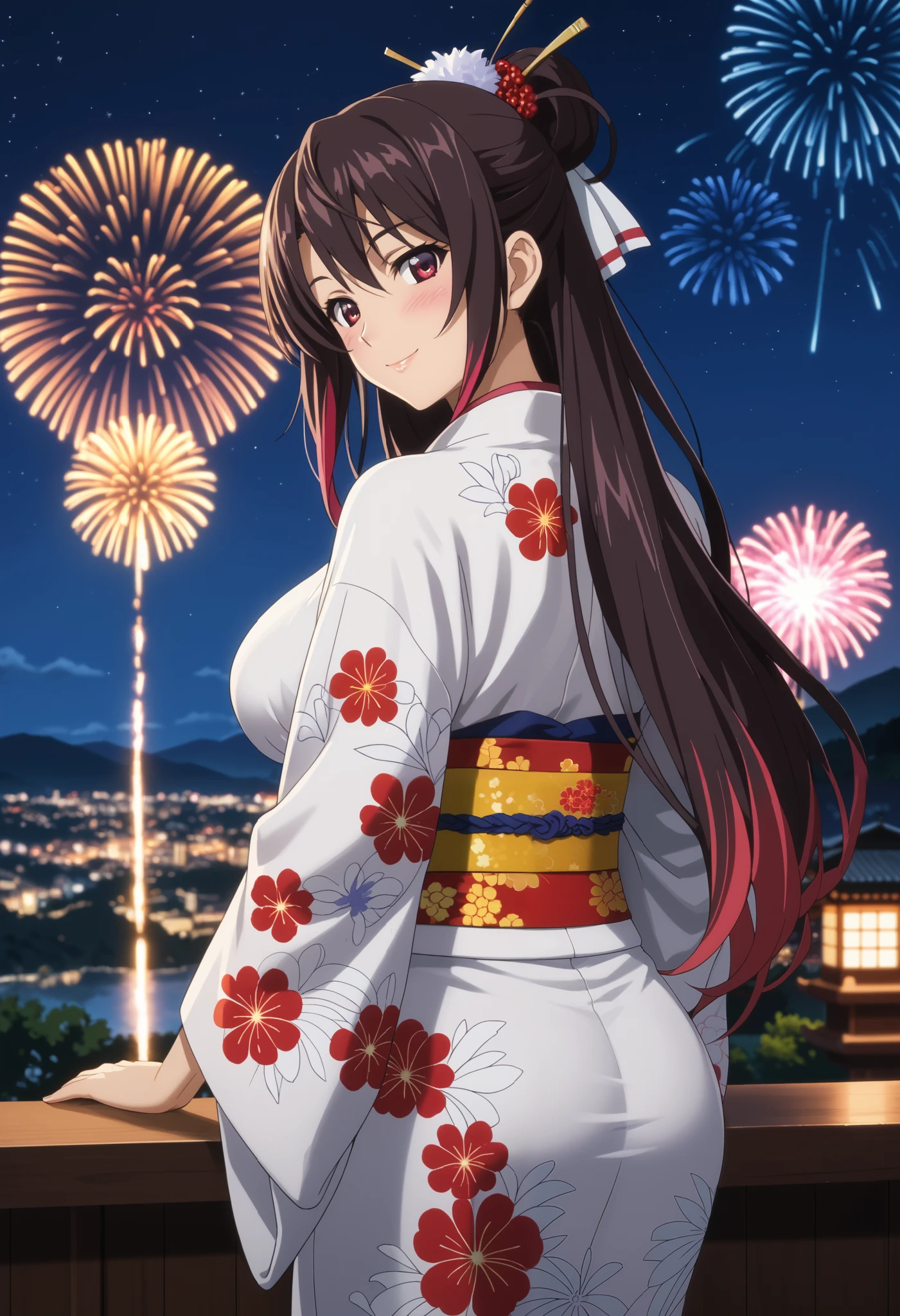 score_9, score_8_up, score_7_up, anime screencap, source_anime, 1girl, BREAK houkishinonono, houki shinonono, long hair, highlighted hair, dark hair, red eyes, highlighted hair, down hair, thighs thick,aerial fireworks, blurred background, blush, smile, fireworks, from behind, look at new year, shine, night sky, outdoors, floral print , sash, looking back, at viewer, kimono, night, obi, obiage, obijime, japanese clothing, japanese clothing, shaft look, looking back, from behind, head tilt, cowboy shot, alone, cityscape, mountainous skyline, night, outdoors, ( Beautiful and big breasts: 1.2), natural breasts,