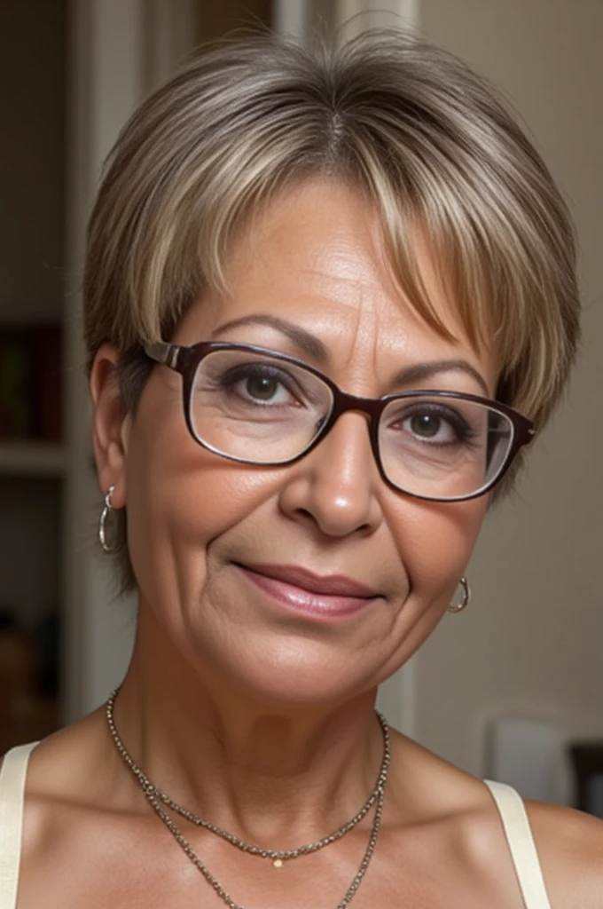 Short pixie hair cut gray hair  and glasses , mature  mom
Up close small smile 
Sexy neglage
Sitting in the family room by herself 