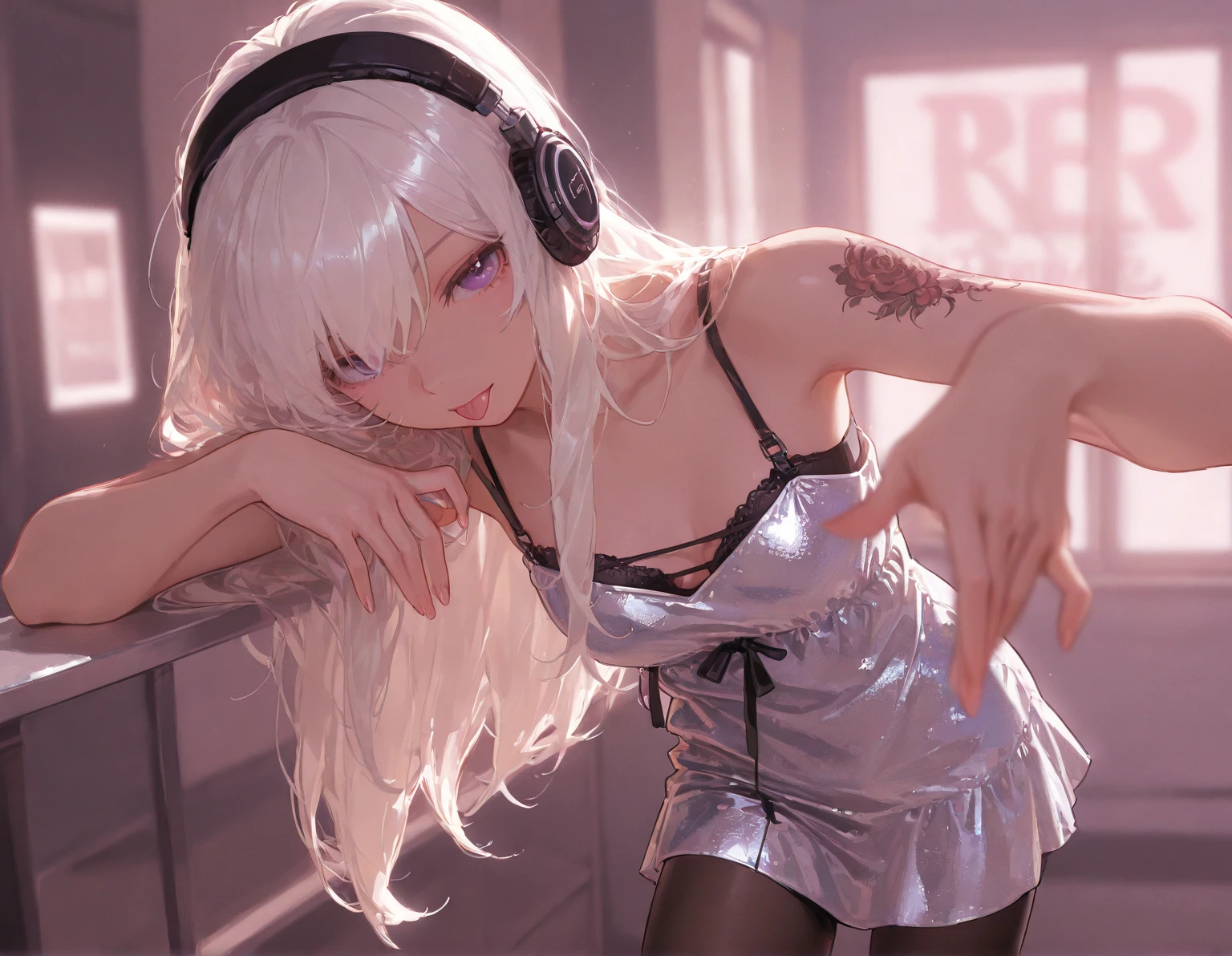 ((best quality)), ((Masterpiece)), (Details) Perfect face, sitting under a cherry tree, listening to music, woman, wearing headphones, wearing underwear, underwear is transparent, wearing tight clothes, breasts are transparent