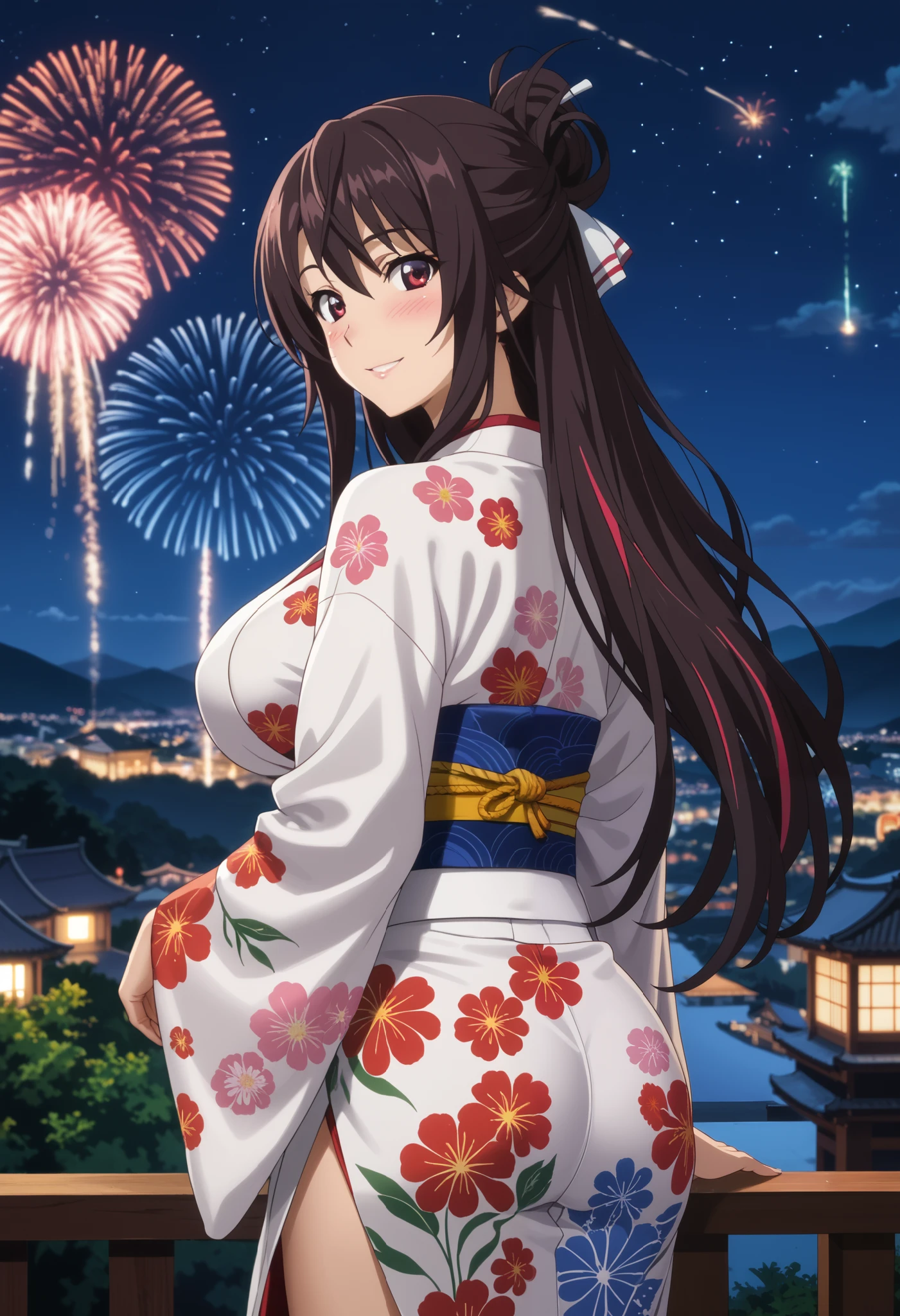 score_9, score_8_up, score_7_up, anime screencap, source_anime, 1girl, BREAK houkishinonono, houki shinonono, long hair, highlighted hair, dark hair, red eyes, highlighted hair, down hair, thighs thick,aerial fireworks, blurred background, blush, smile, fireworks, from behind, look at new year, shine, night sky, outdoors, floral print , sash, looking back, at viewer, kimono, night, obi, obiage, obijime, japanese clothing, japanese clothing, shaft look, looking back, from behind, head tilt, cowboy shot, alone, cityscape, mountainous skyline, night, outdoors, ( Beautiful and big breasts: 1.2), natural breasts,