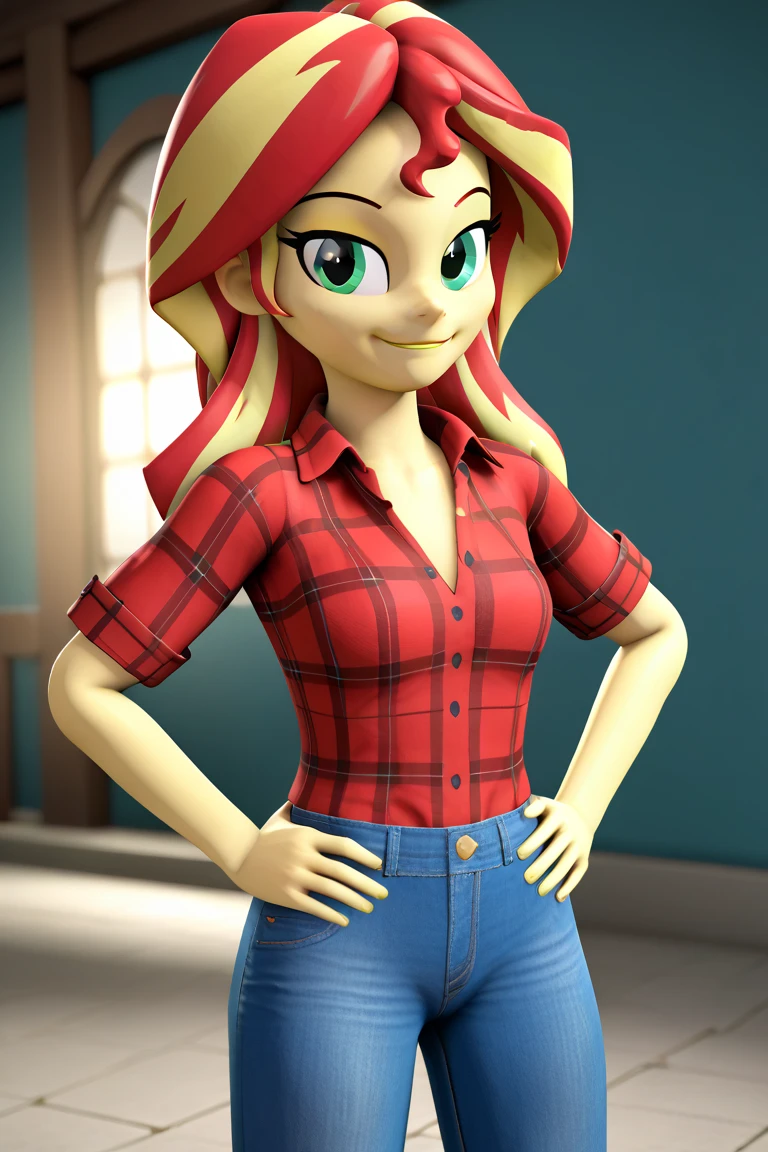 score_9, score_8_up, score_7_up BREAKSambaNekoStyle, sunset shimmer, 3d, sourcefilmmaker ,pestil, painterly hair, sharp contrasts, ,Sunset shimmerEQG, red hair , green eyes, yellow skin, red flannel collared shirt, short sleeves, blue jeans, half body smile, hands on hips,  1girl, solo, red sneakers 