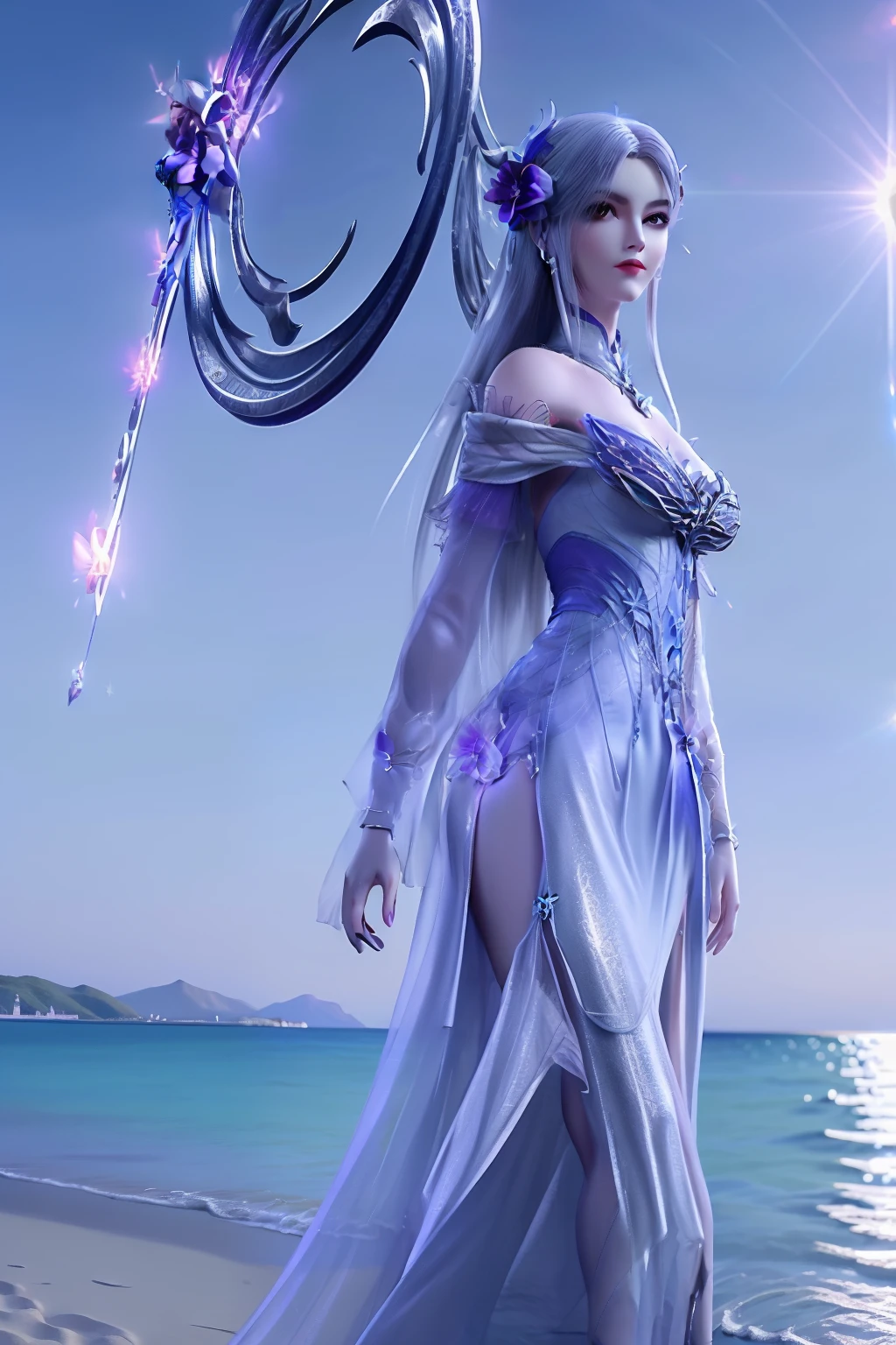 masterpiece,best quality,8k,absurdres,highres,
xiaoyixian,1girl,solo,purple dress,((silver circle:1.2)),breasts,((glowing flower:1.2)),((hair ornament:1.3)),closed mouth,looking at viewer,long dress,pale skin,(side slit:1.2),
(sparkle:1.2),(glitter:1.1),(sunlight:1.2),slim legs,high heels,wind lift,water,beach,